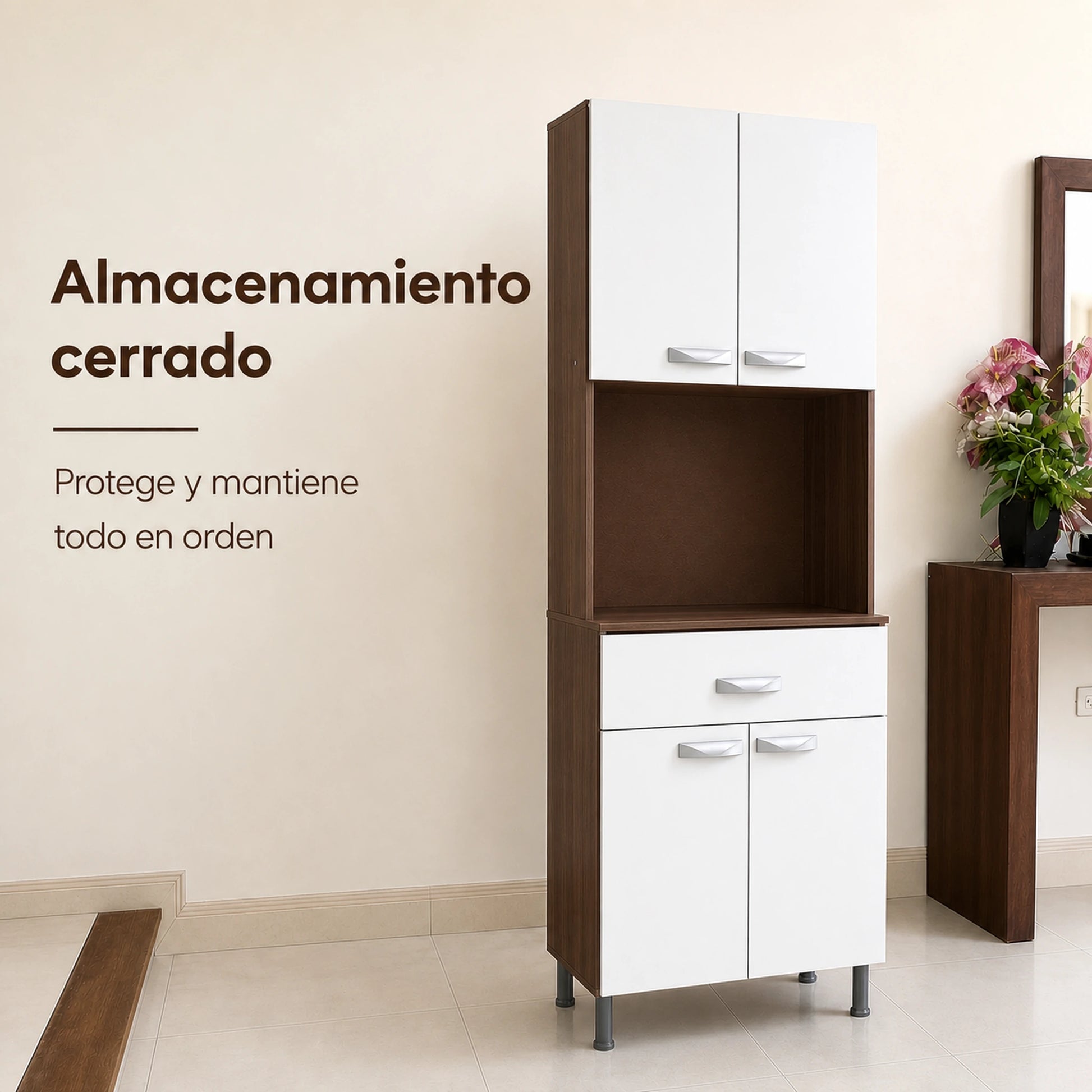 Gabinete de cocina en Chocolate y Blanco con puertas para almacenamiento cerrado