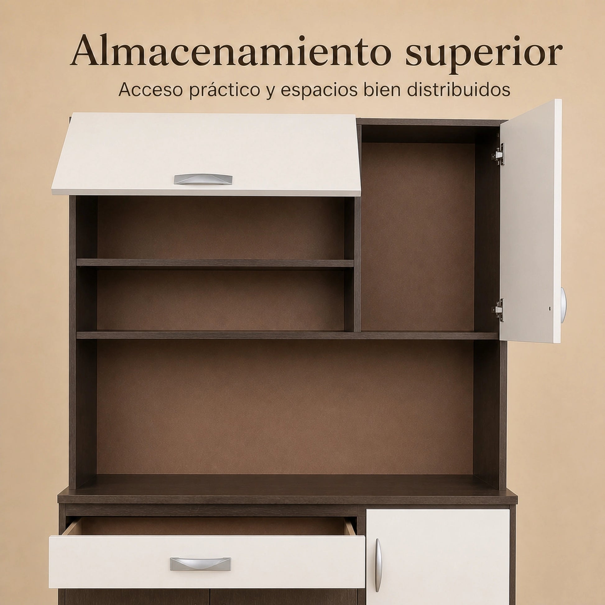 Almacenamiento superior del gabinete de cocina grande en Chocolate y Blanco