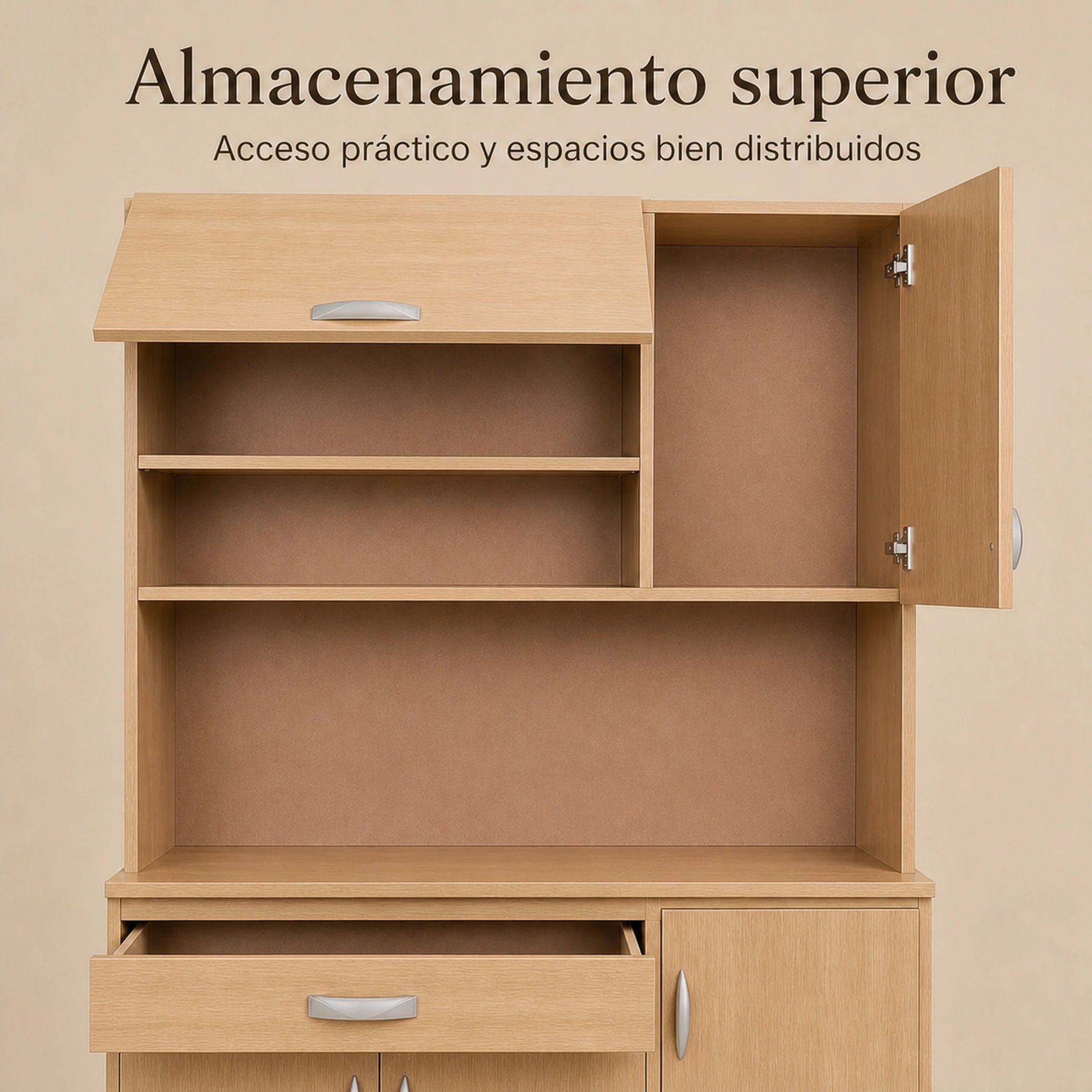 Almacenamiento superior del gabinete de cocina grande en Madera Beige