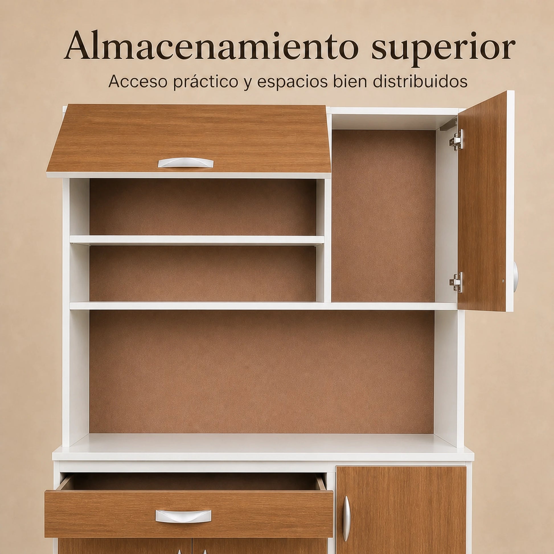 Almacenamiento superior del gabinete de cocina grande en Blanco y Madera