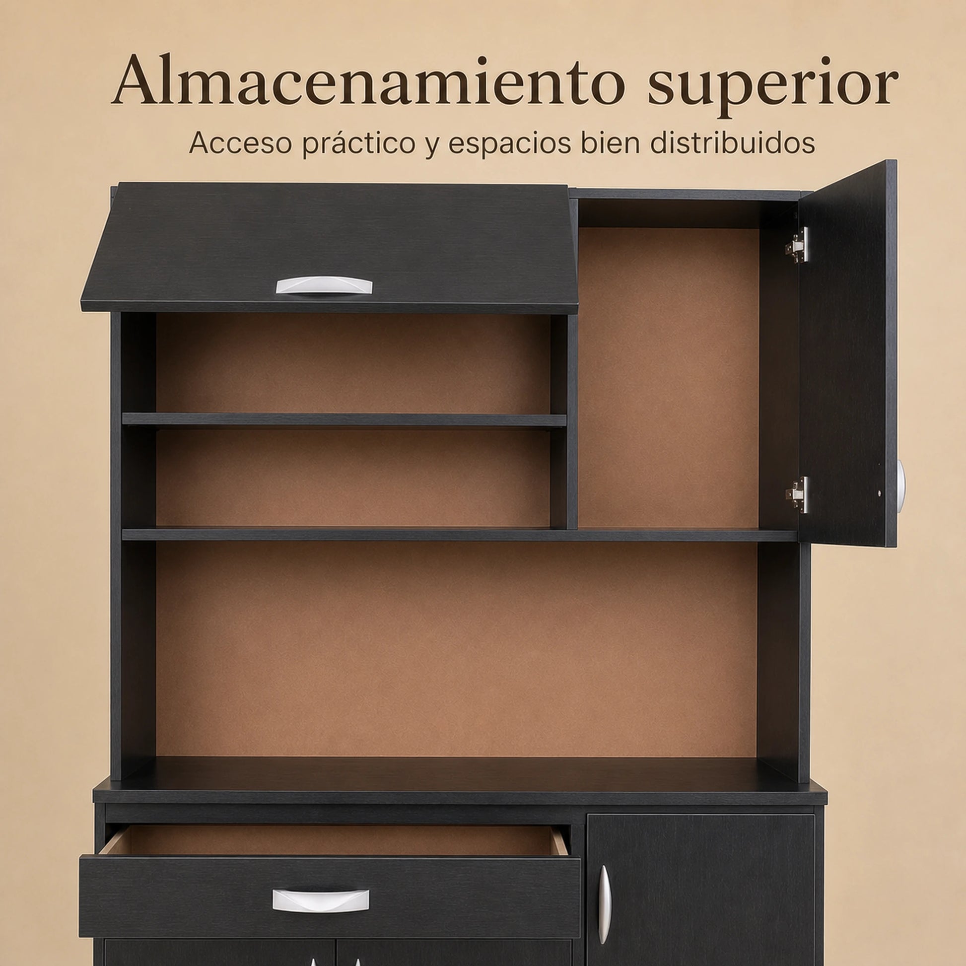Almacenamiento superior del gabinete de cocina grande en negro