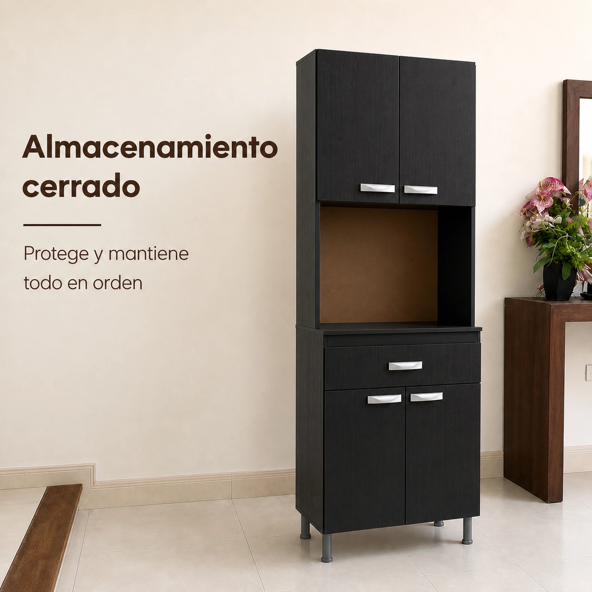 Gabinete de cocina en Negro con puertas para almacenamiento cerrado