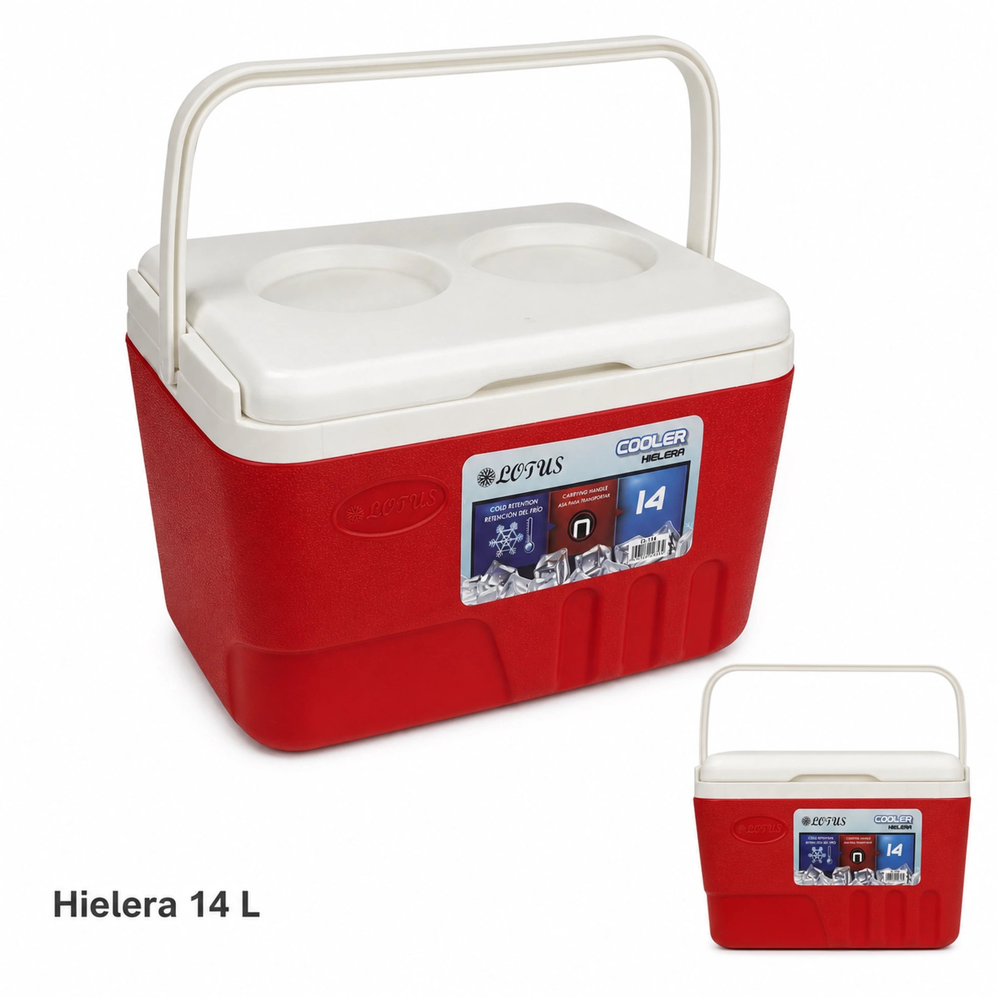 Hielera Lotus en rojo de 14 litros con asa de transporte
