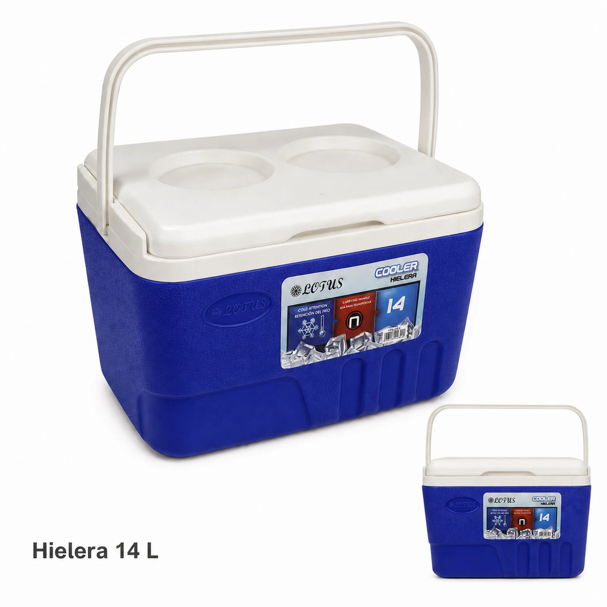 Hielera Lotus en azul de 14 litros con asa de transporte