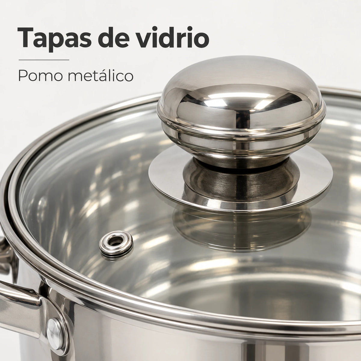 Tapas de vidrio con pomo metálico del juego de ollas Epicure