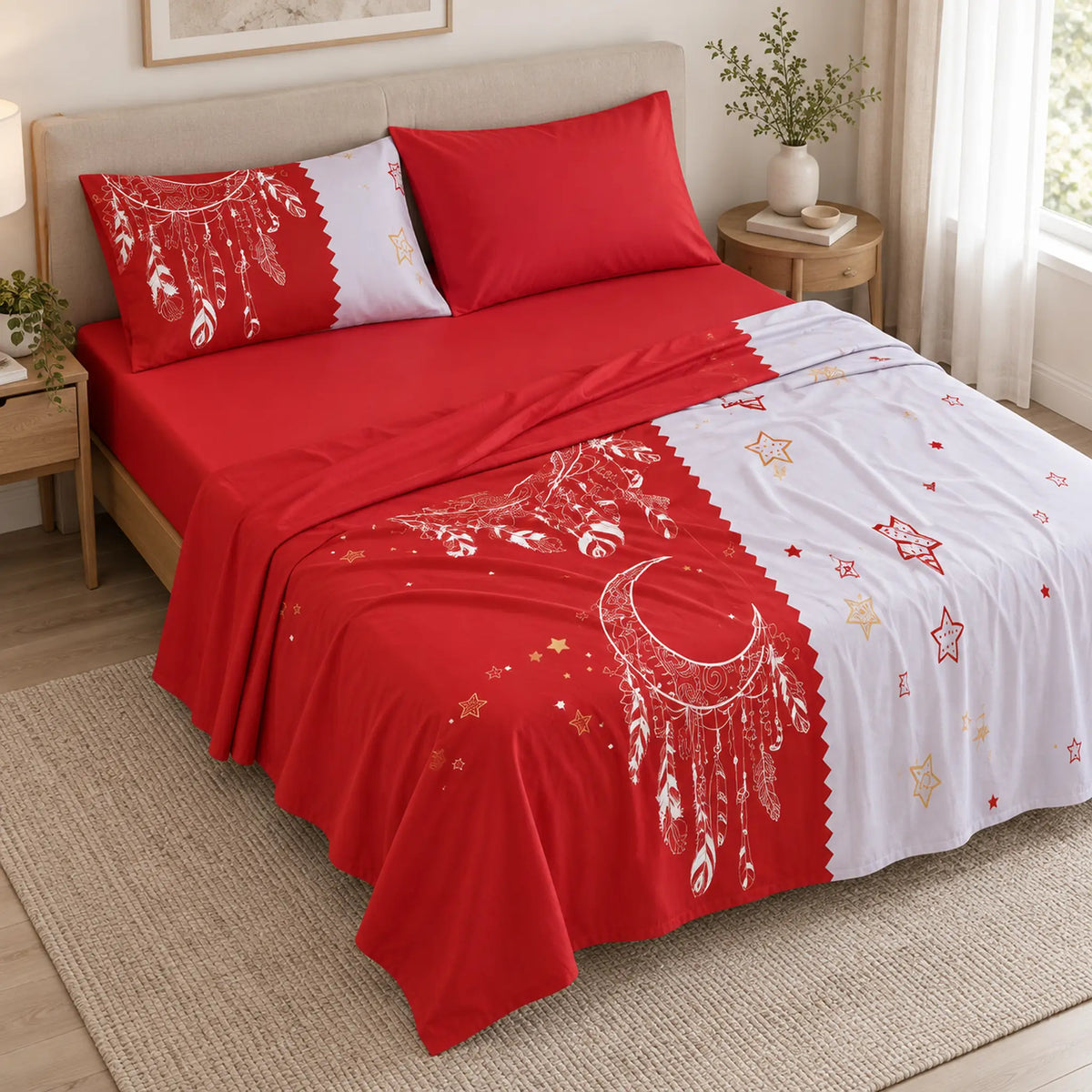 Juego de sábanas 4 piezas estampado rojo con atrapasueños y estrellas – capas del juego de sábanas