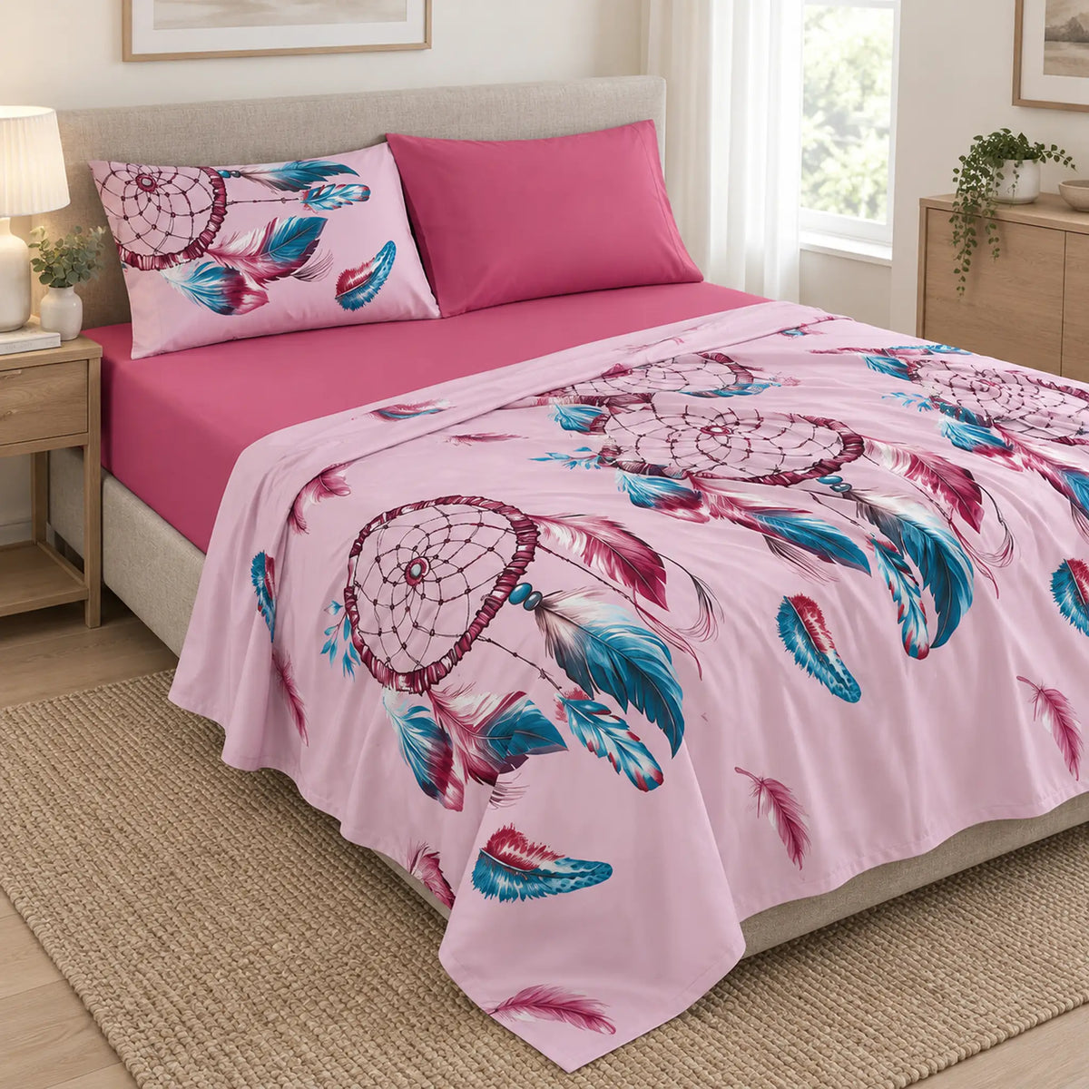 Juego de sábanas 4 piezas estampado con atrapasueños rosa – capas del juego de sábanas