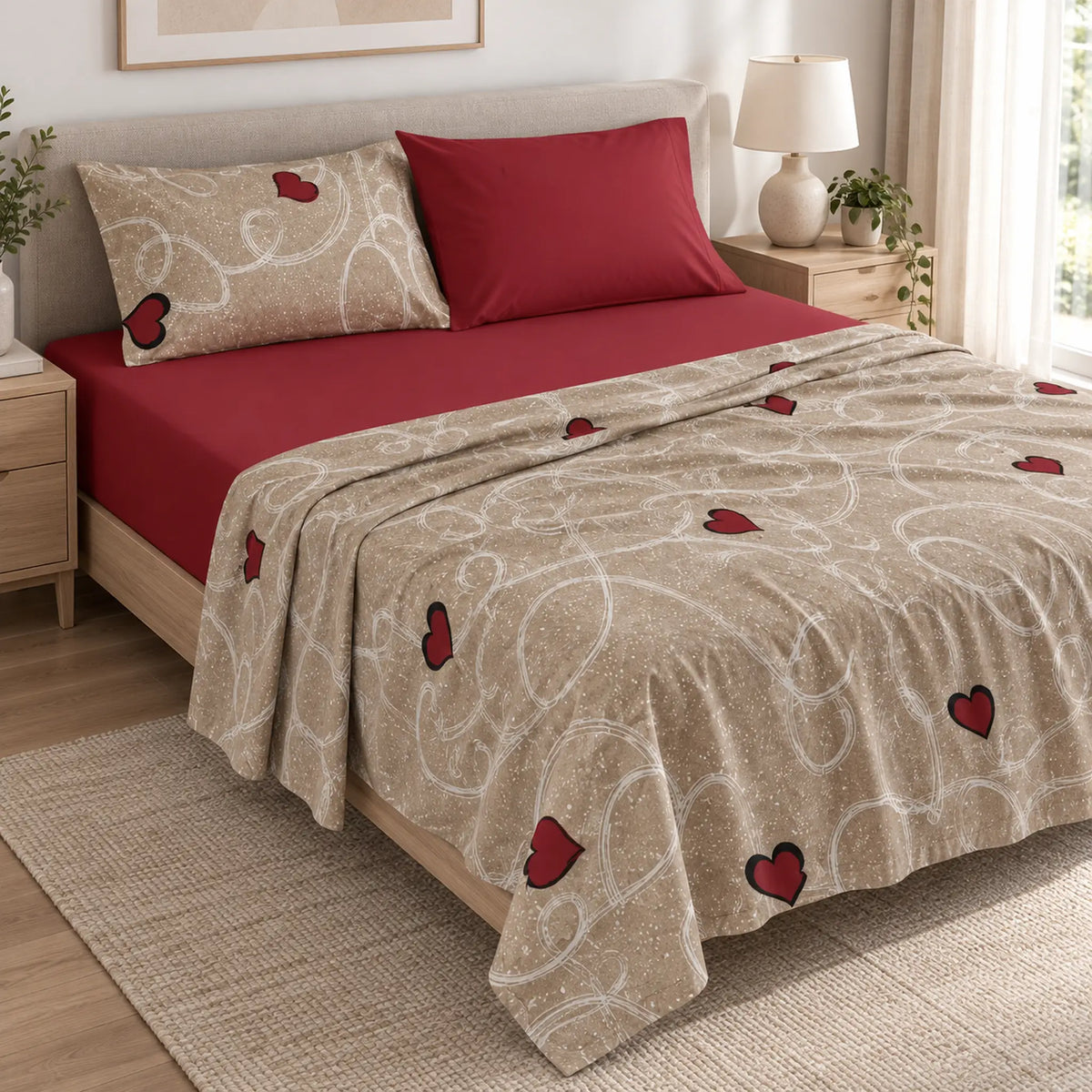 Juego de sábanas 4 piezas estampado beige con corazones – capas del juego de sábanas