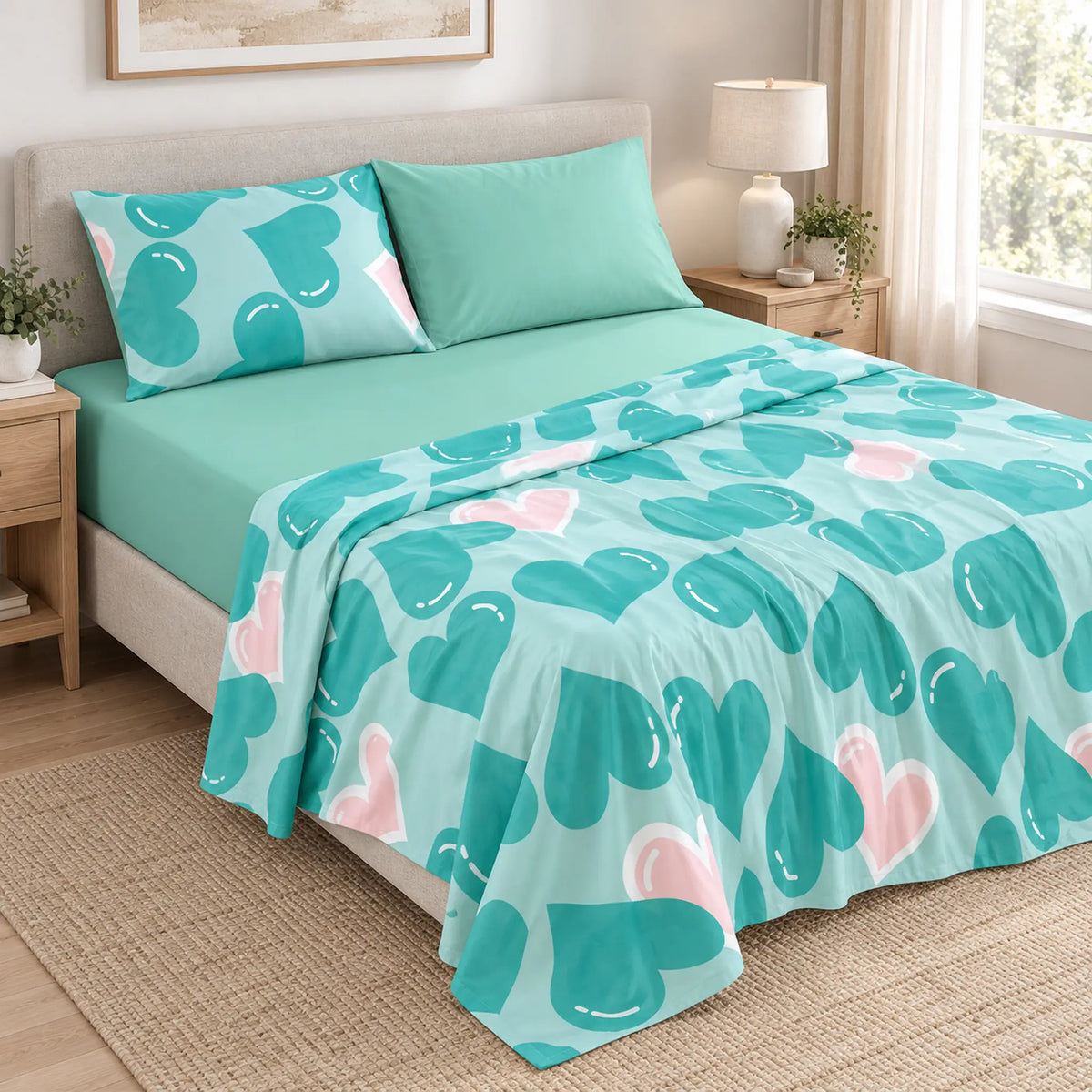 Juego de sábanas 4 piezas estampado verde menta con corazones – capas del juego de sábanas