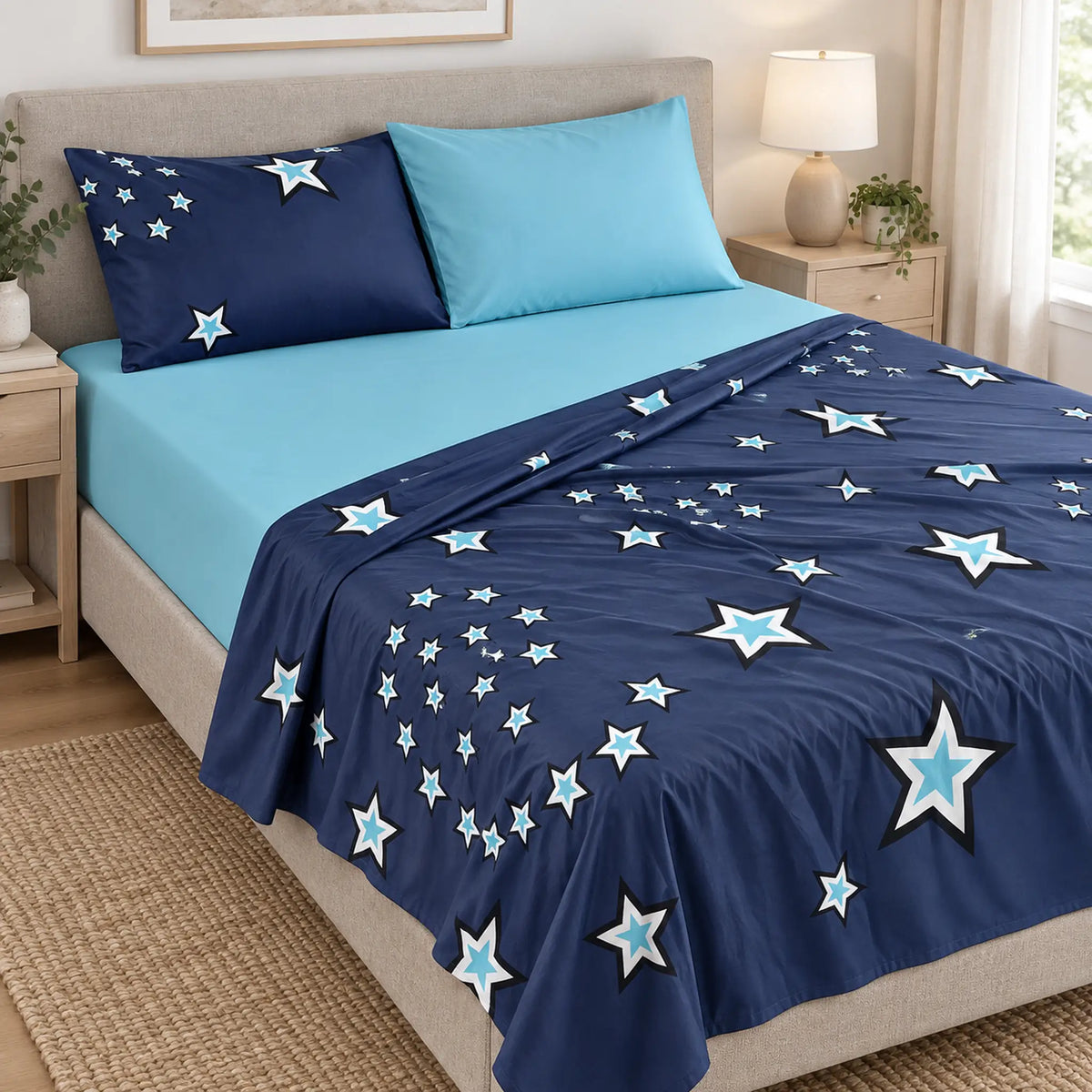 Juego de sábanas 4 piezas estampado azul marino con estrellas – capas del juego de sábanas