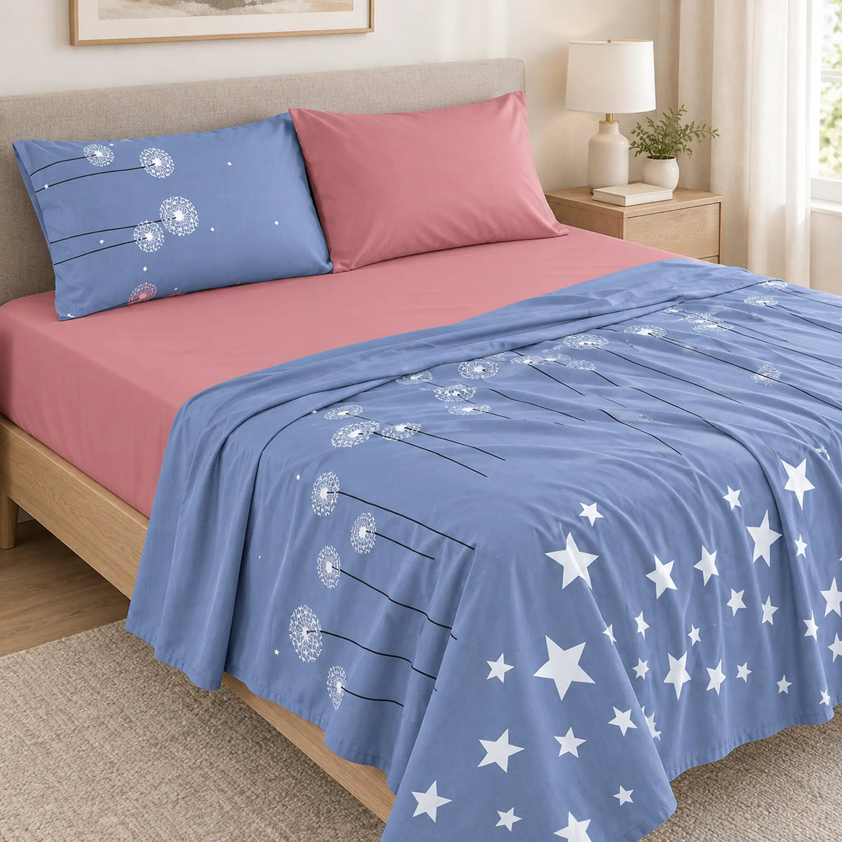 Juego de sábanas 4 piezas estampado azul con estrellas y dientes de león – capas del juego de sábanas