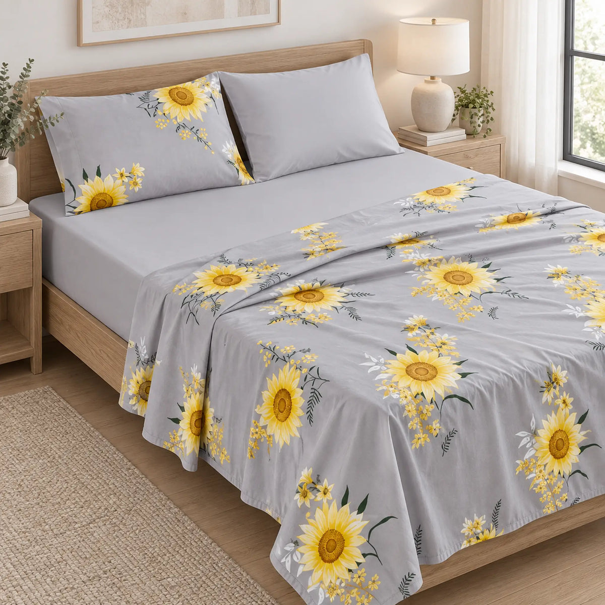 Juego de sábanas 4 piezas estampado gris con girasoles – capas del juego de sábanas