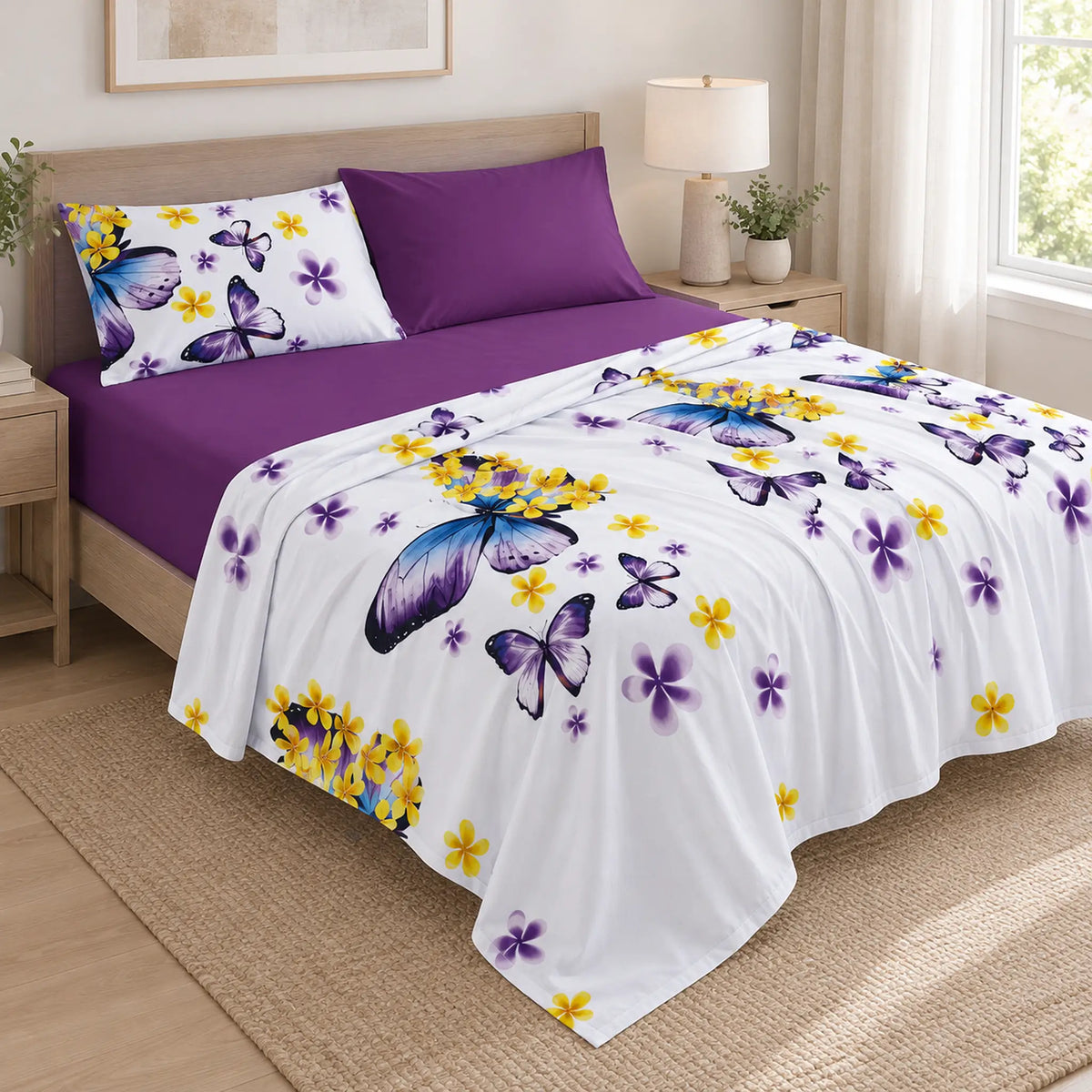 Juego de sábanas 4 piezas estampado morado con mariposas – capas del juego de sábanas