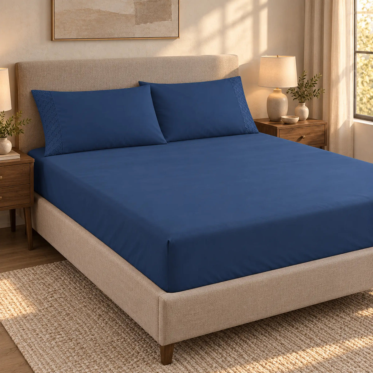 Forro ajustable liso con 2 sobrefundas bordadas, color Azul Navy – en un ambiente cálido