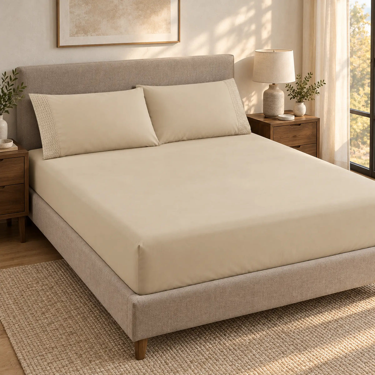 Forro ajustable liso con 2 sobrefundas bordadas, color Beige – en un ambiente cálido