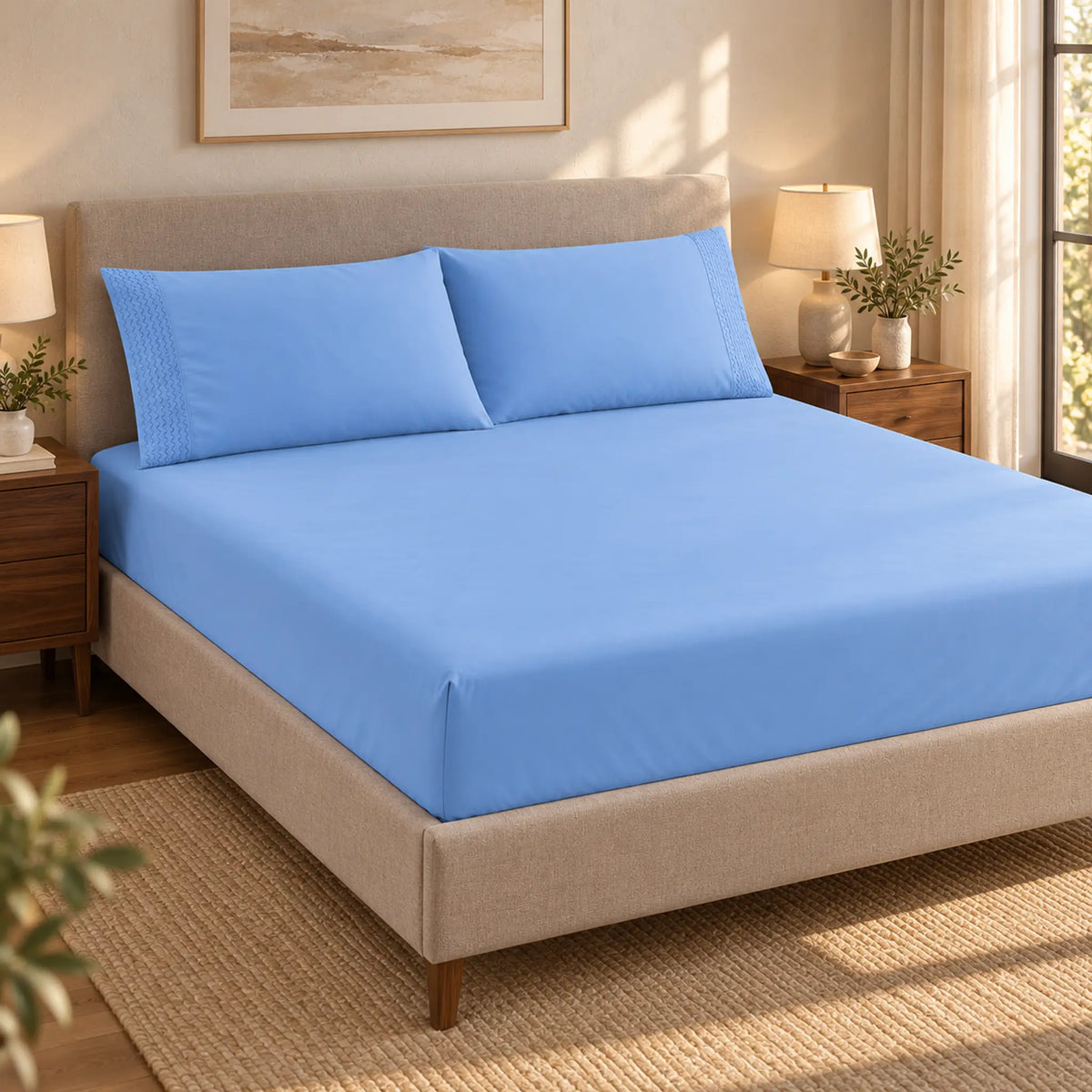 Forro ajustable liso con 2 sobrefundas bordadas, color Celeste – en un ambiente cálido