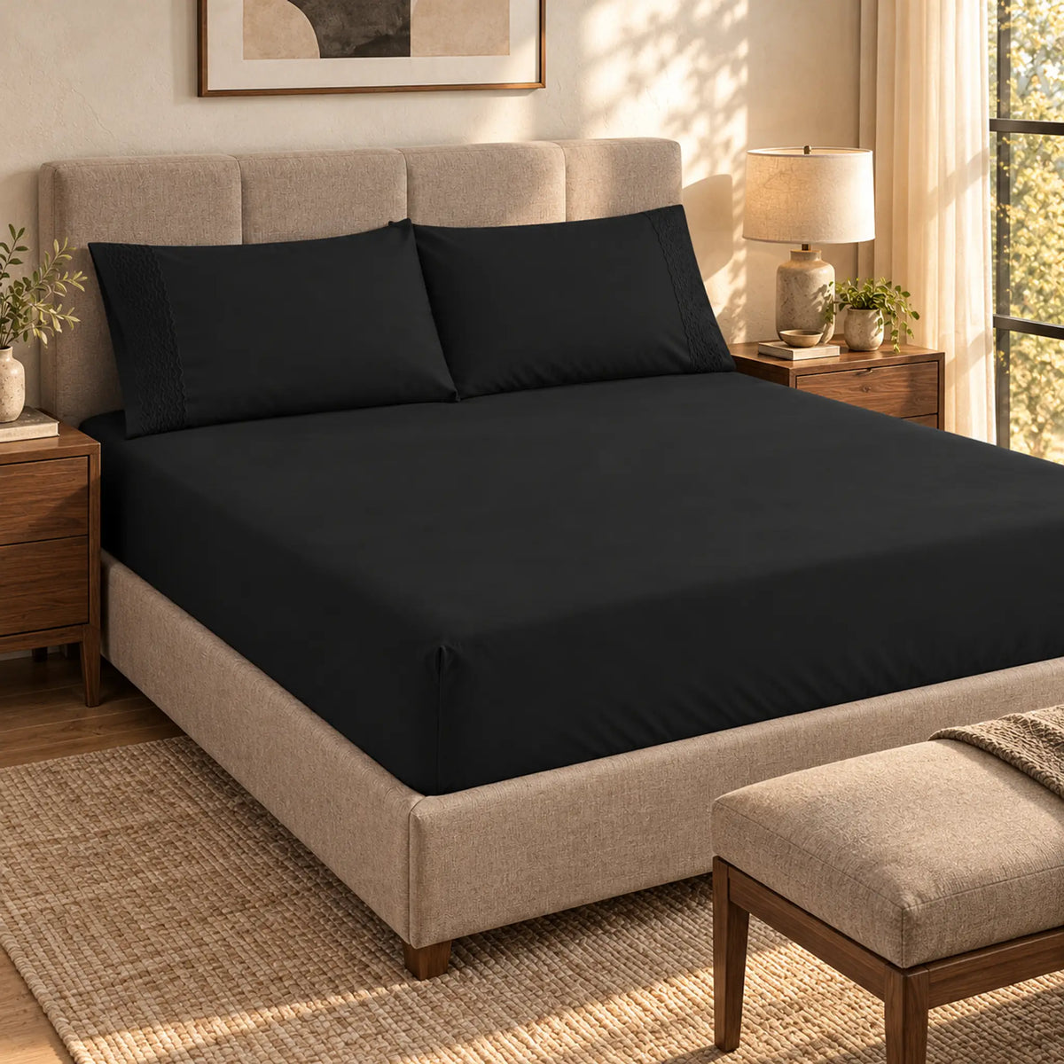 Forro ajustable liso con 2 sobrefundas bordadas, color Negro – en un ambiente cálido