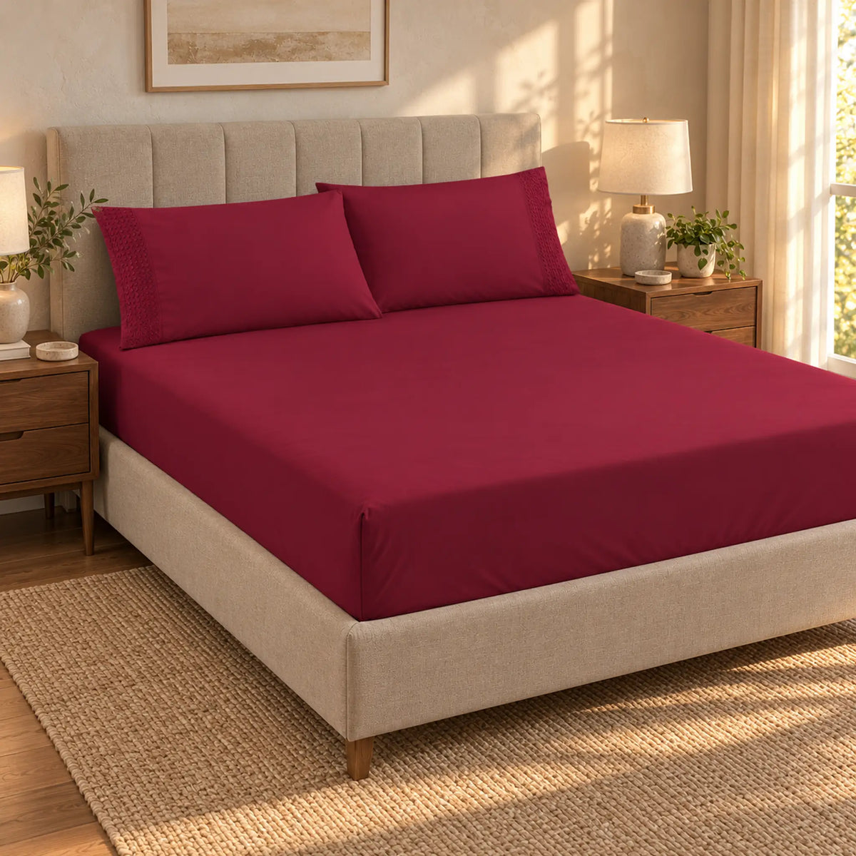 Forro ajustable liso con 2 sobrefundas bordadas, color Vino – en un ambiente cálido