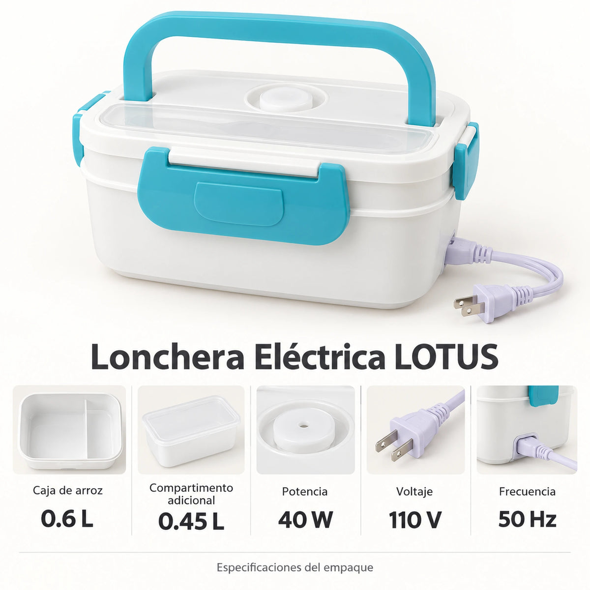 Especificaciones de la lonchera eléctrica LOTUS turquesa: 0.6 L, 0.45 L, 40 W y 110 V