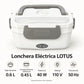 Especificaciones de la lonchera eléctrica LOTUS gris: 0.6 L, 0.45 L, 40 W y 110 V