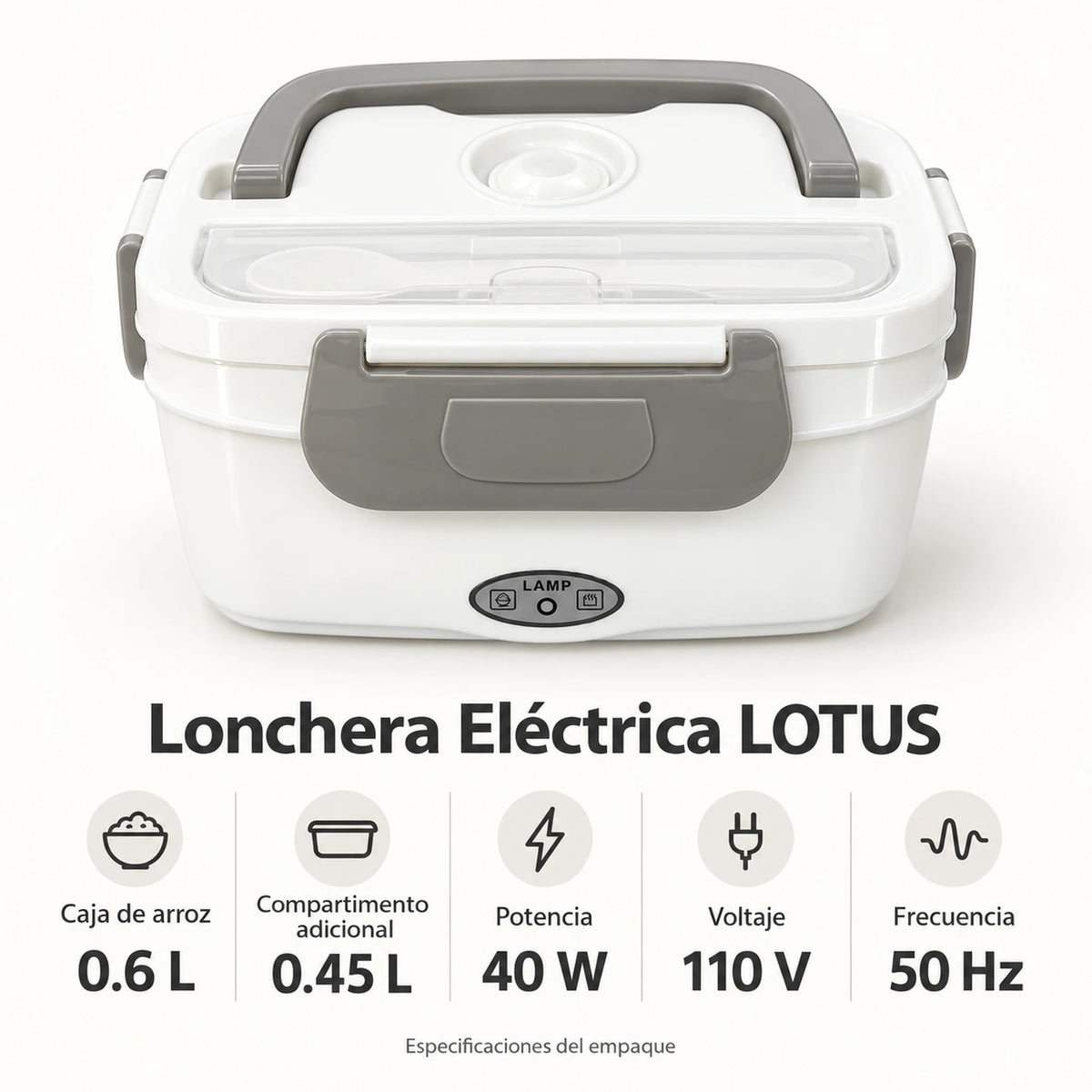 Especificaciones de la lonchera eléctrica LOTUS gris: 0.6 L, 0.45 L, 40 W y 110 V