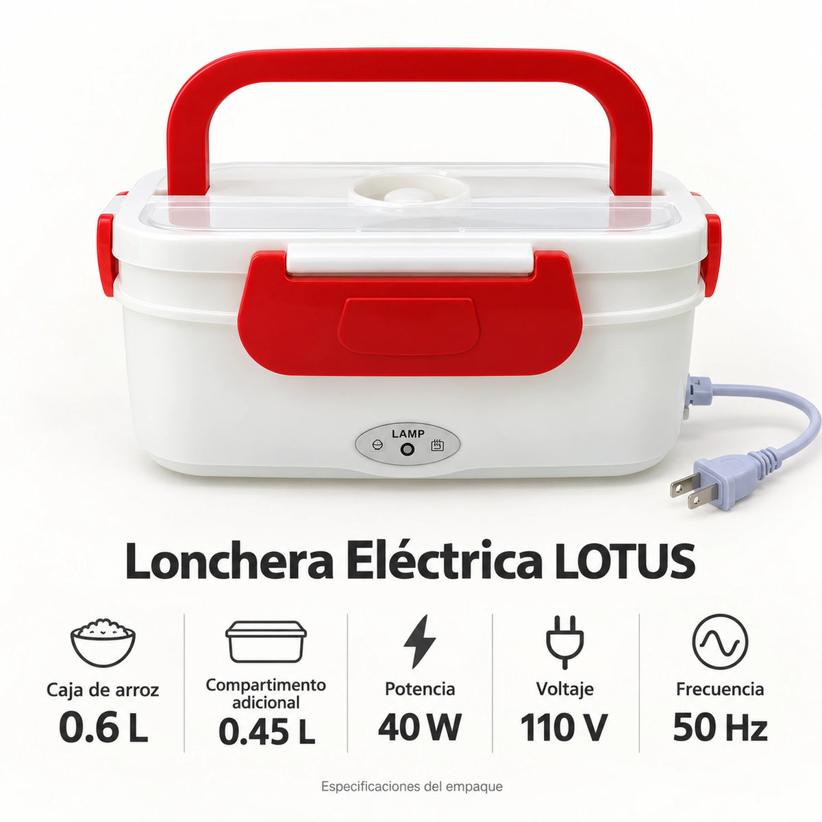 Especificaciones de la lonchera eléctrica LOTUS roja: 0.6 L, 0.45 L, 40 W y 110 V