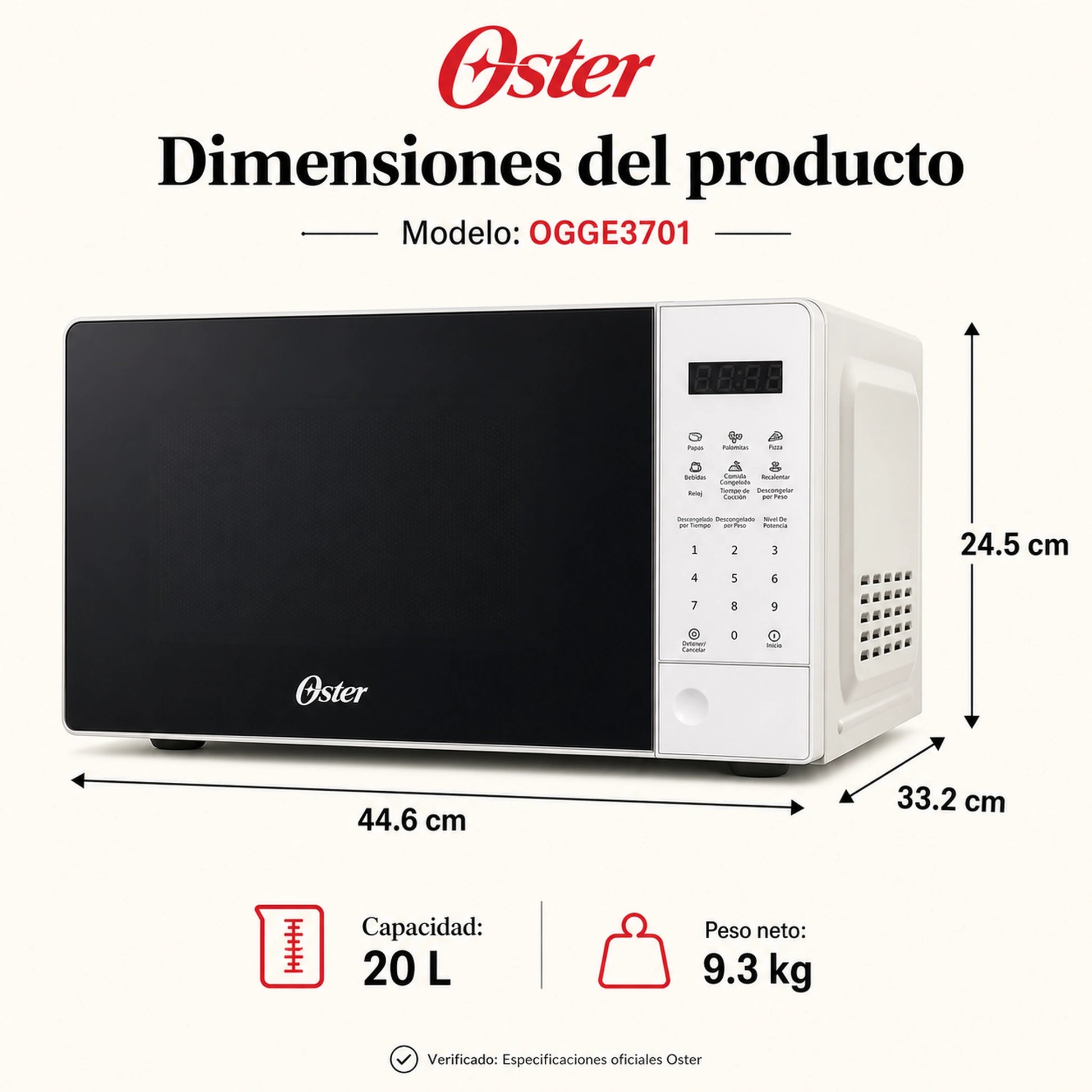 Guía de medidas y dimensiones del microondas Oster OGGE3701