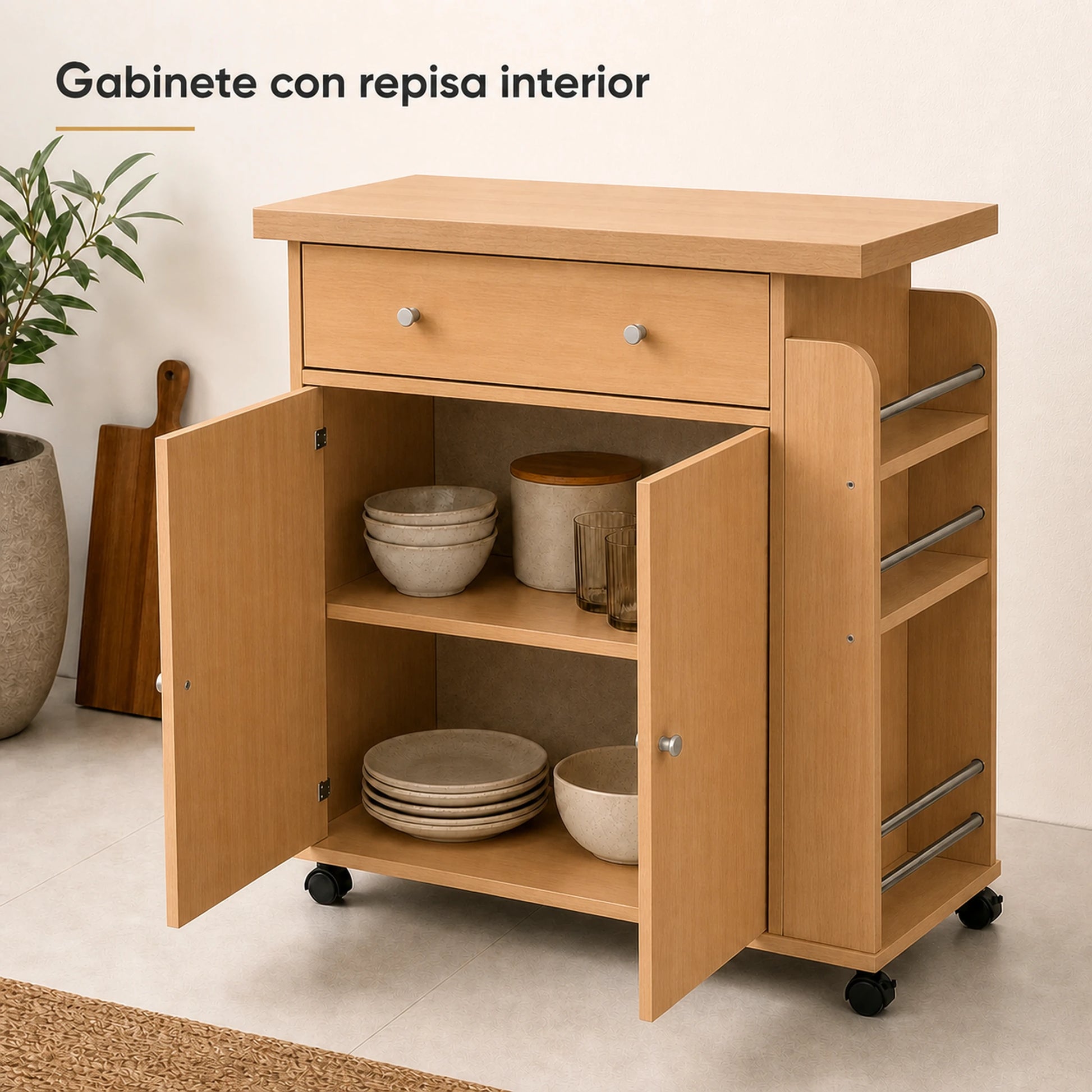 Gabinete interior con repisa del carrito auxiliar de cocina Madera Beige, con platos y una olla