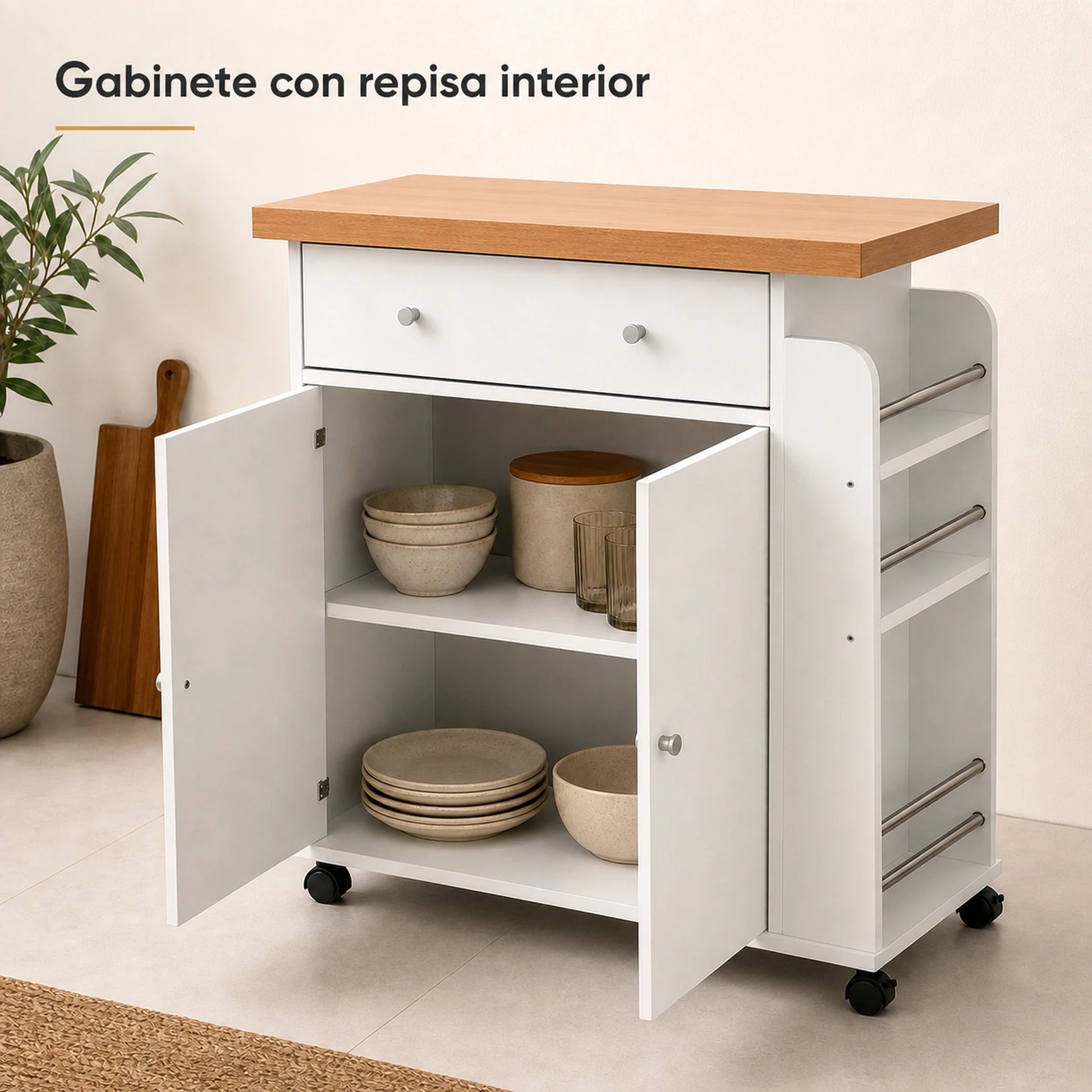 Gabinete interior del carrito auxiliar de cocina Blanco / Roble