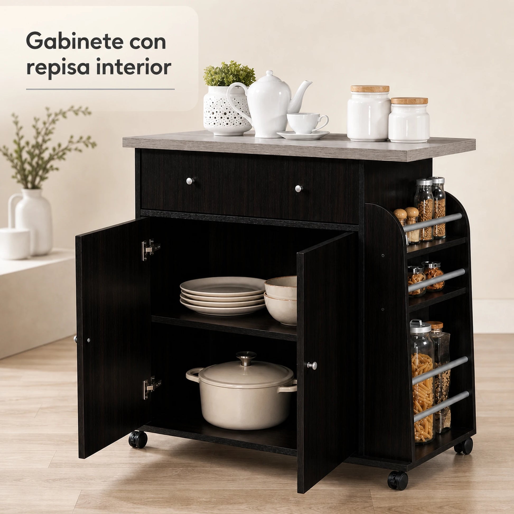 Gabinete interior con repisa del carrito auxiliar de cocina Café Oscuro / Gris Ceniza, con platos y una olla