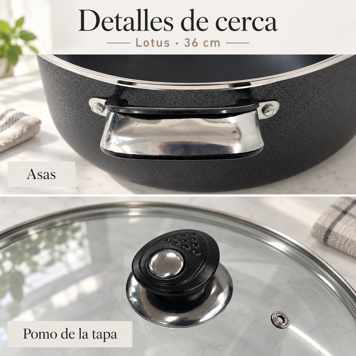 Asas laterales y pomo de la tapa de vidrio de la olla Lotus de 36 cm