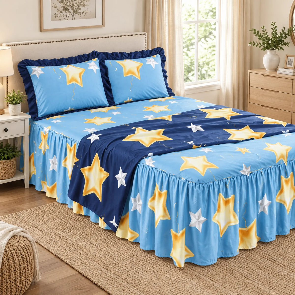 Juego de sábanas con vuelo 4 piezas, diseño Estrellas Doradas Azul – capas del juego