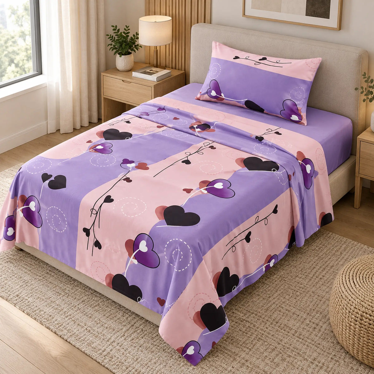 Juego de sábanas semimatrimonial 1.20 m, diseño Corazones Lila y Rosa – ambientado en habitación