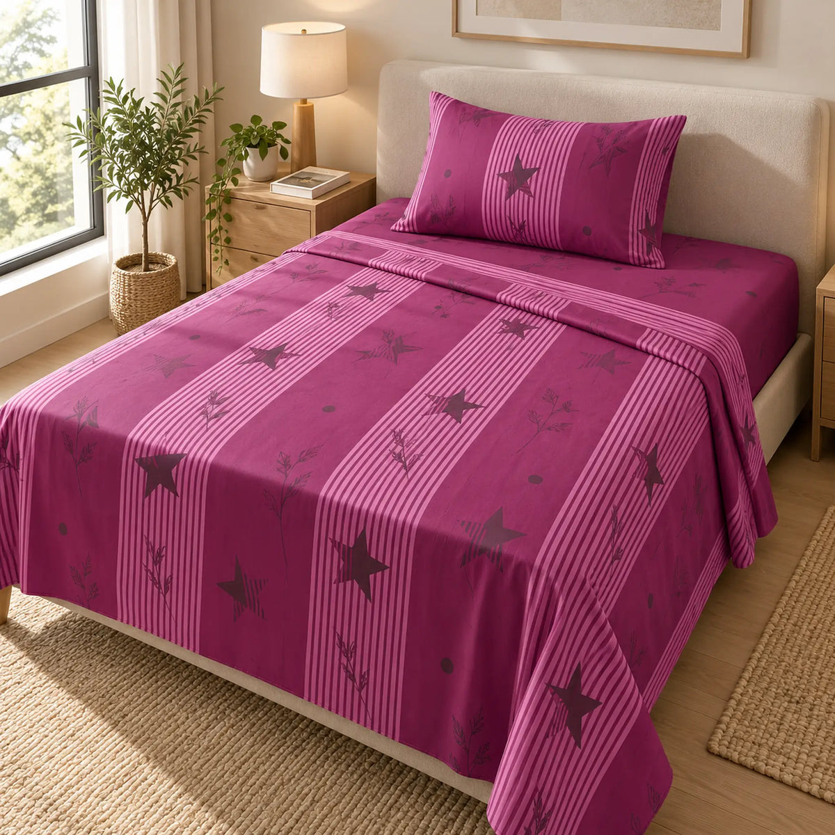 Juego de sábanas semimatrimonial 1.20 m, diseño Estrellas Magenta – ambientado en habitación