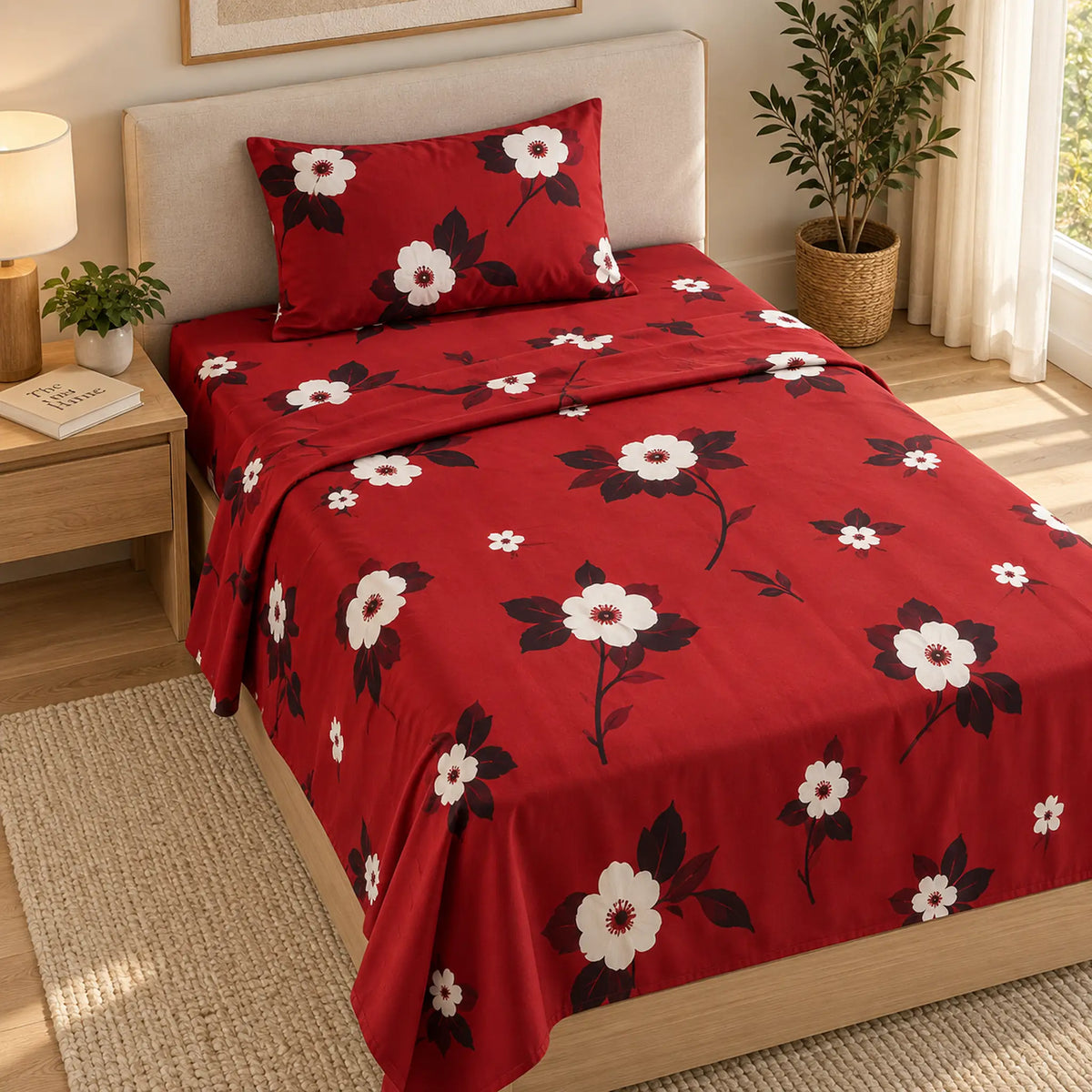 Juego de sábanas semimatrimonial 1.20 m, diseño Flores Blancas Fondo Rojo – ambientado en habitación