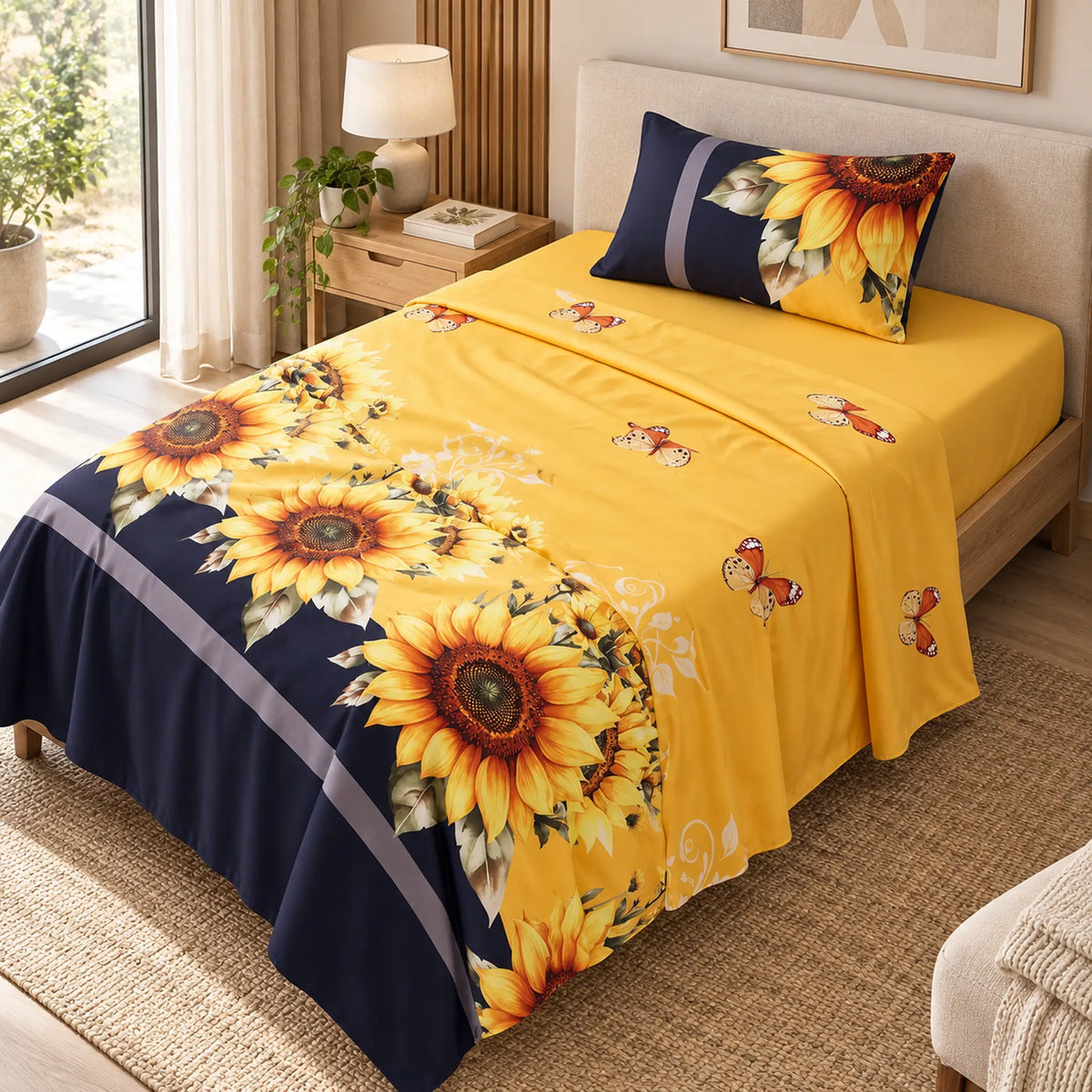 Juego de sábanas semimatrimonial 1.20 m, diseño Girasoles y Mariposas Amarillas – ambientado en habitación