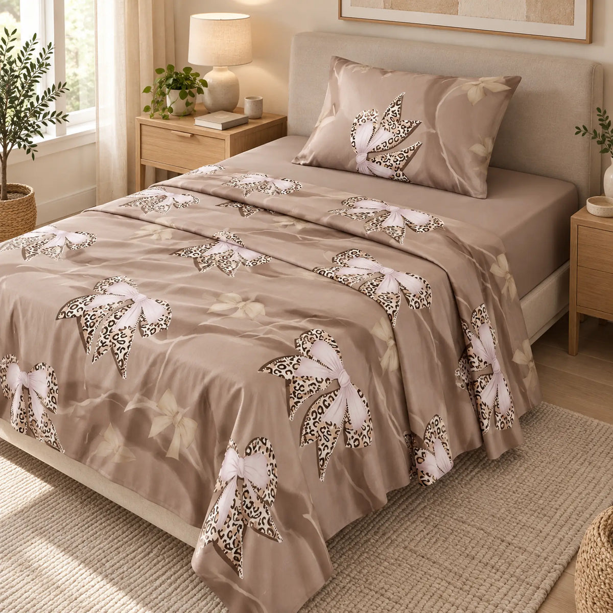 Juego de sábanas semimatrimonial 1.20 m, diseño Lazos Beige Leopardo – ambientado en habitación