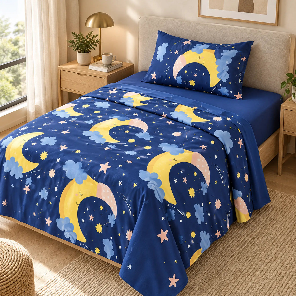 Juego de sábanas semimatrimonial 1.20 m, diseño Lunas y Estrellas Azul Marino – ambientado en habitación