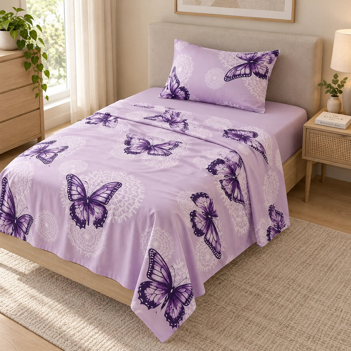 Juego de sábanas semimatrimonial 1.20 m, diseño Mariposas Lila – ambientado en habitación