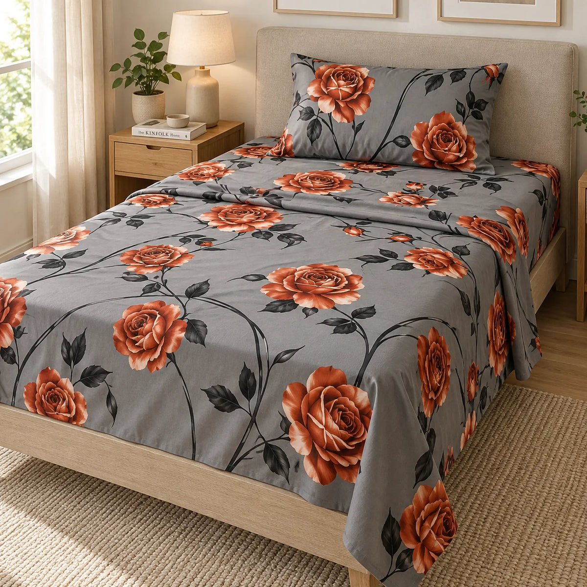 Juego de sábanas semimatrimonial 1.20 m, diseño Rosas Naranjas Fondo Gris – ambientado en habitación