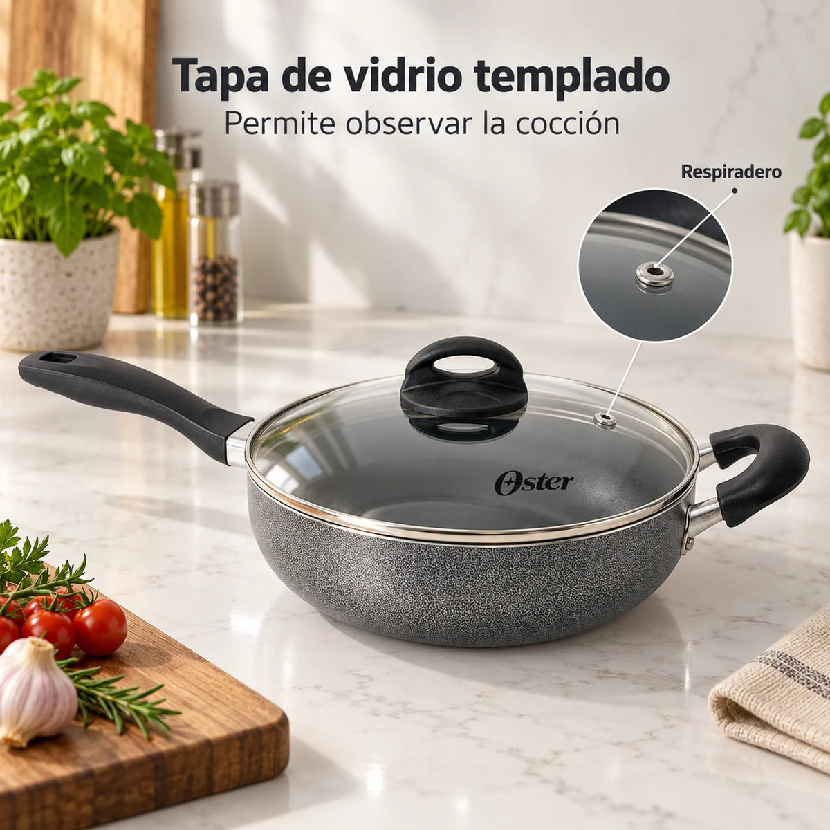 Tapa ventilada de vidrio templado de la sartén Oster