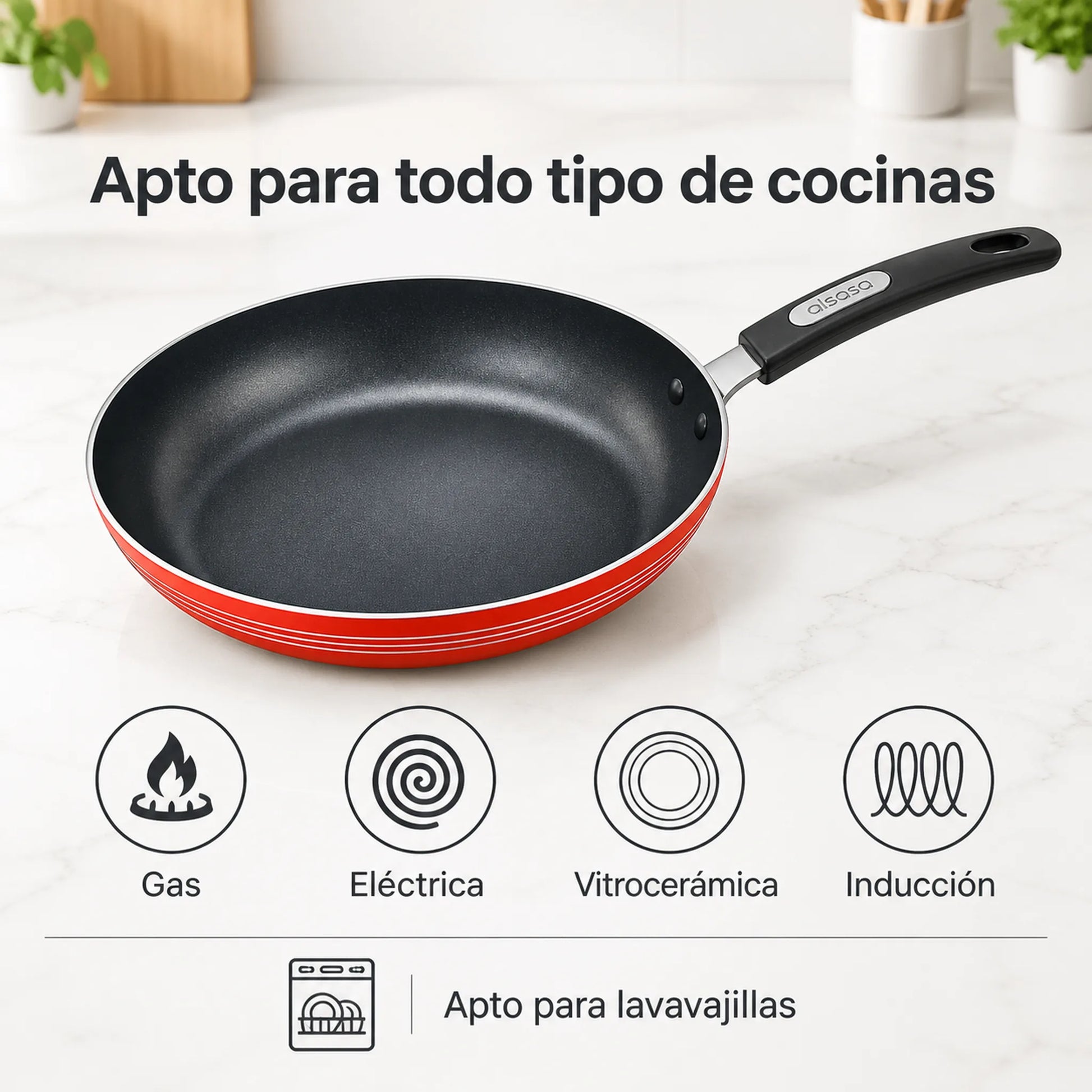 Sartén Alsasa rojo apto para inducción, gas, eléctrica y vitrocerámica