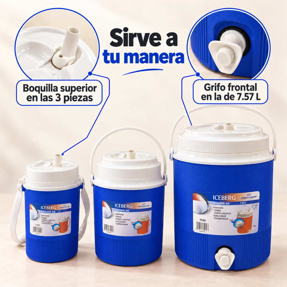 Set de 3 termos para líquidos color azul – boquillas y grifo para servir