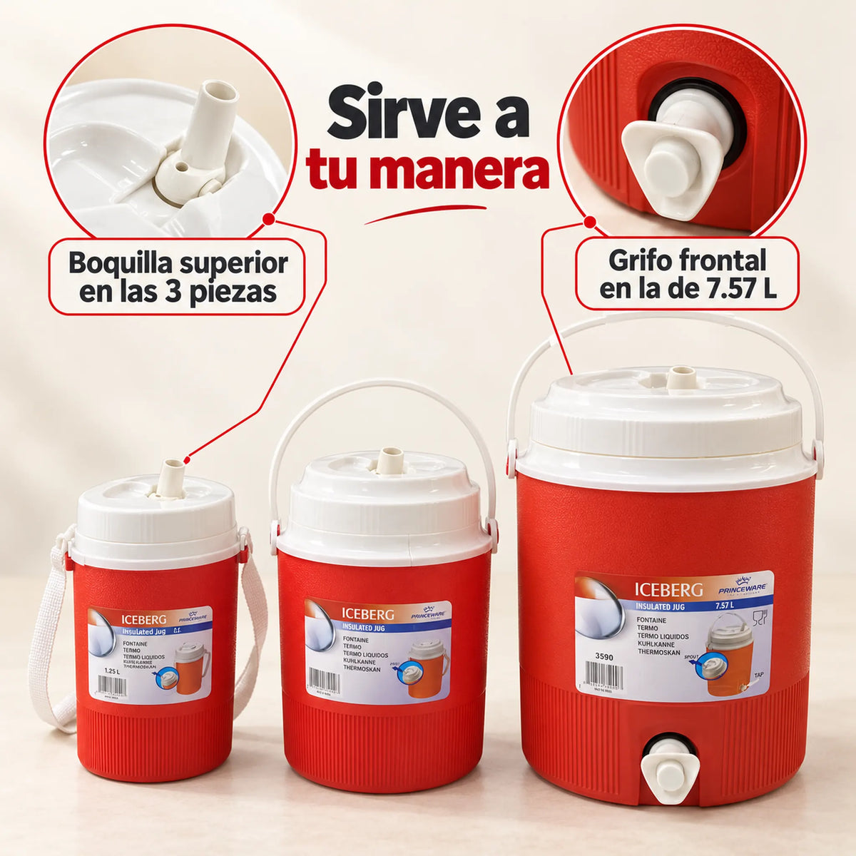 Set de 3 termos para líquidos color rojo – boquillas y grifo para servir