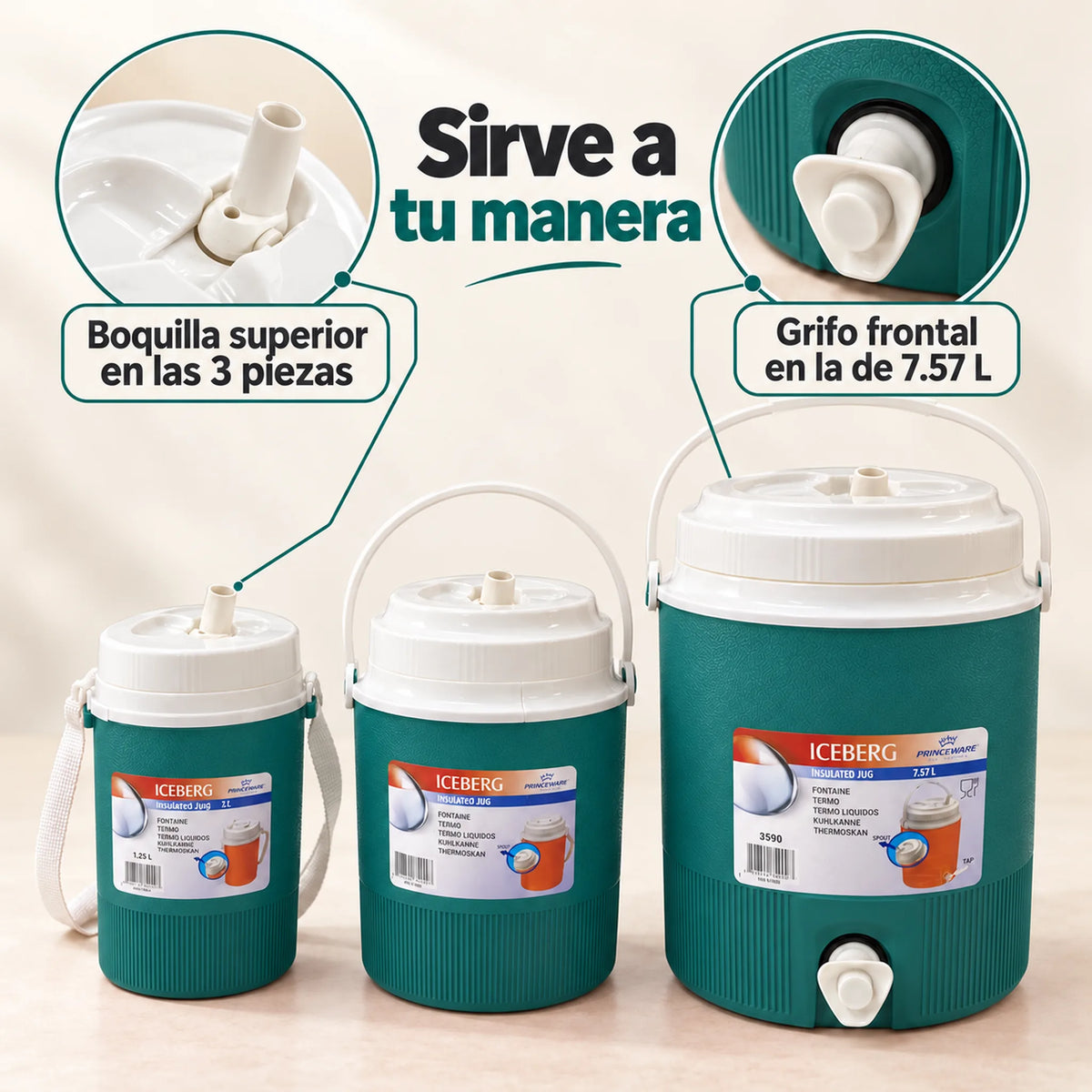Set de 3 termos para líquidos color turquesa – boquillas y grifo para servir