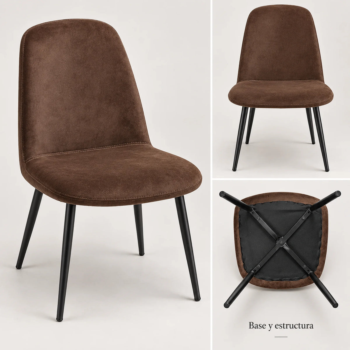 Base y estructura de la silla Beneli en chocolate con patas negras y travesaños en cruz