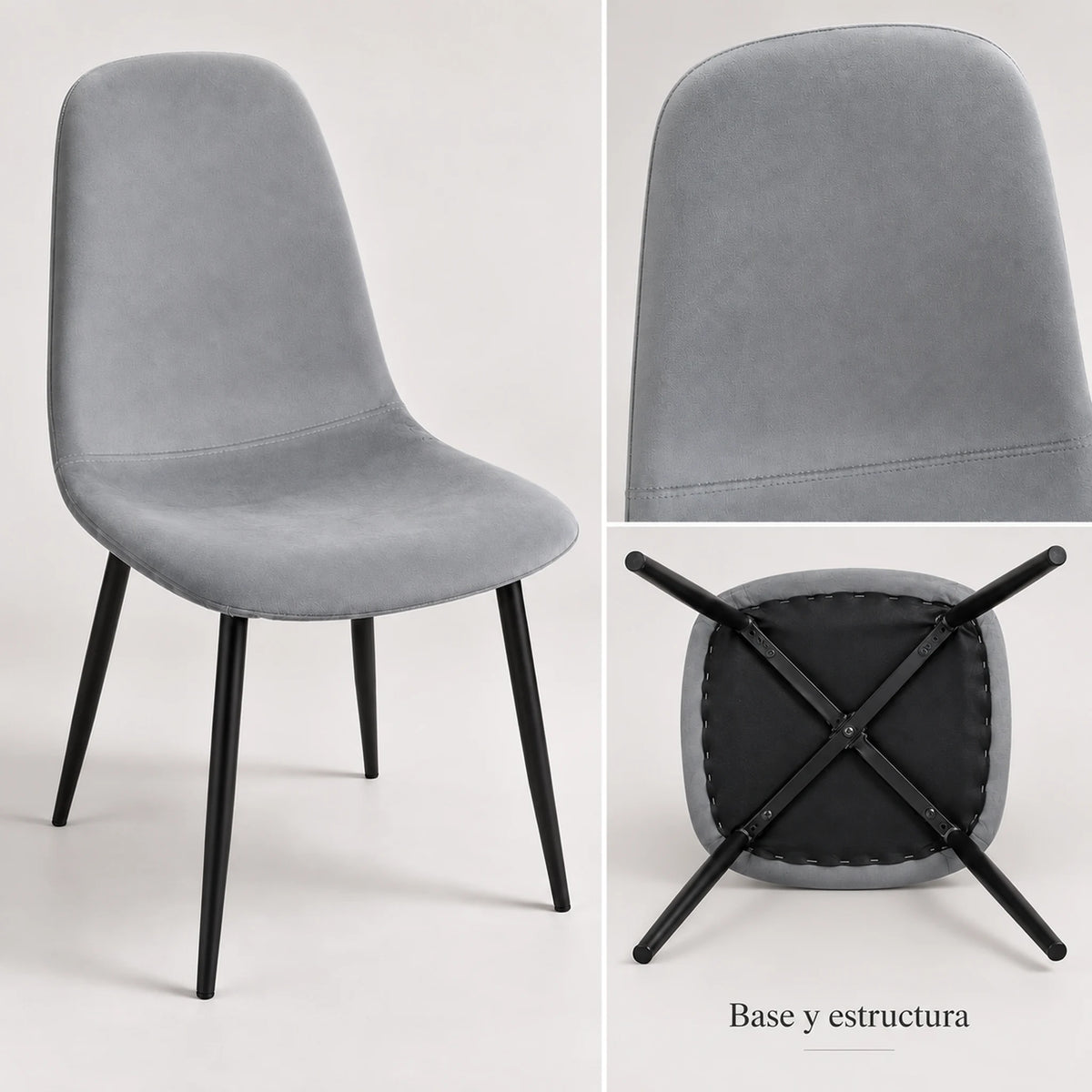 Base y estructura de la silla Beneli en gris claro con patas negras y travesaños en cruz