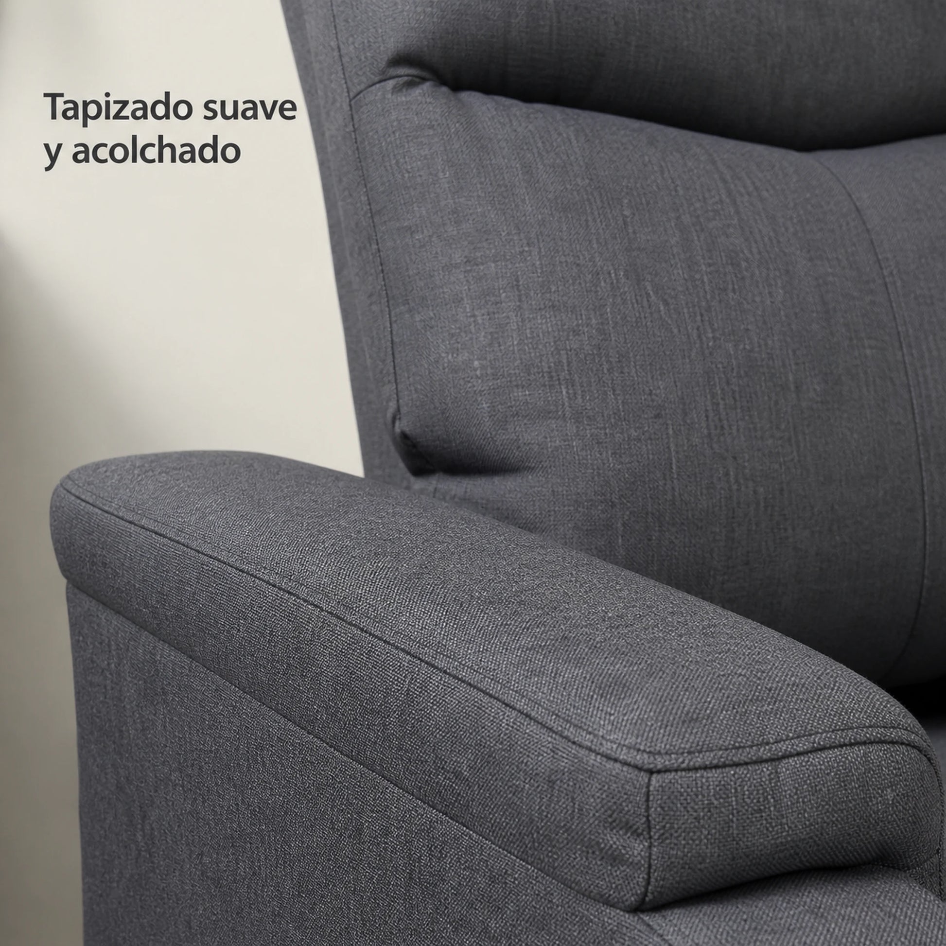 Detalle del tapizado suave y acolchado del sillón reclinable en gris