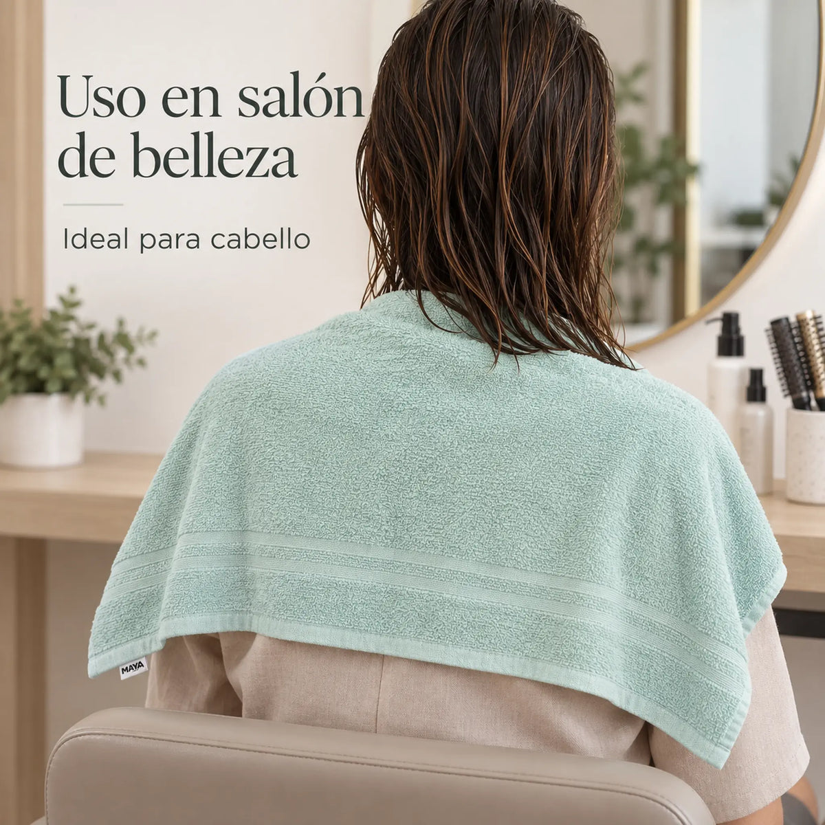 Pack de 12 Toallas Maya, variante Surtido Pastel, toalla color verde menta, uso en el cabello