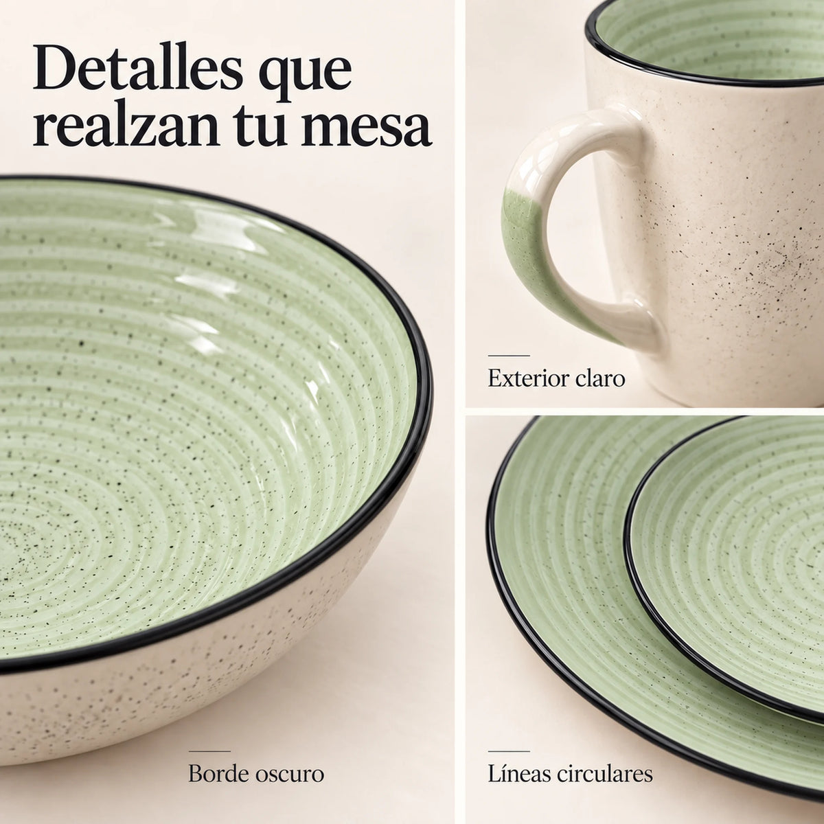 Detalle del acabado y borde oscuro de la vajilla Lotus color Verde Salvia
